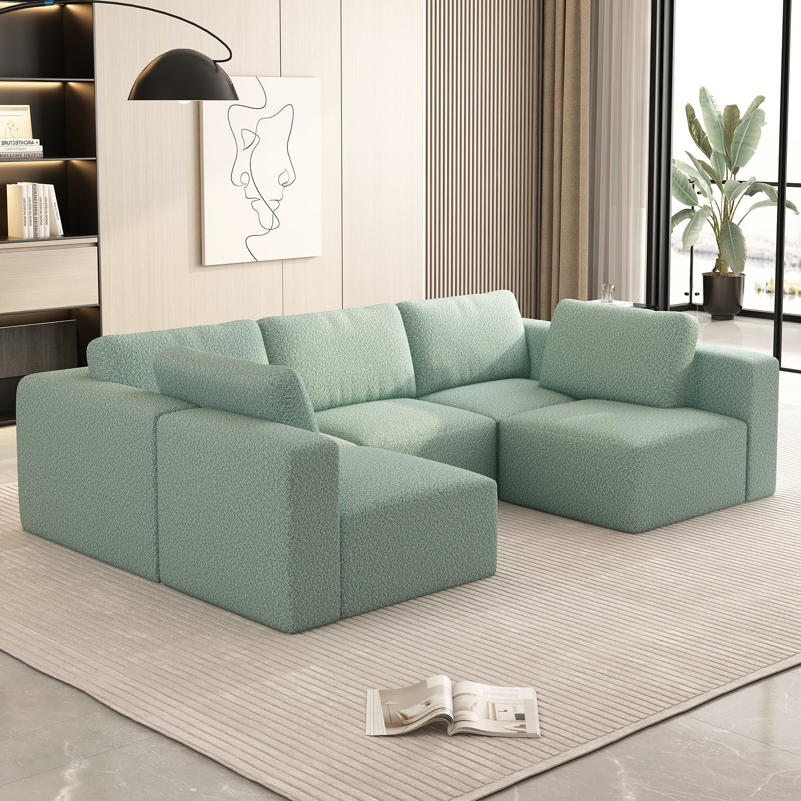 104.32*70.86 Modular Sectional Sofa Sleeper Couch, Sectional Sofa with Chaise and Ottoman, Convertible U Shaped Modular Sofa Set. Compressed spon, Light Green (Combo 3A+2B)