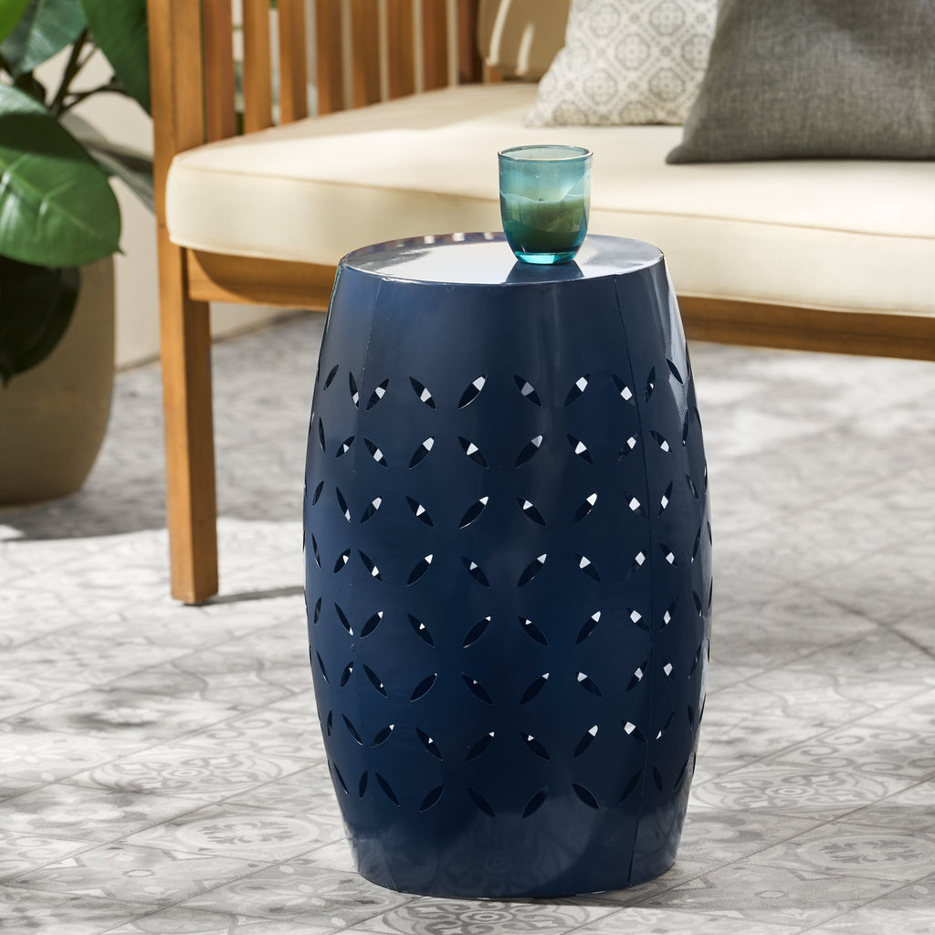 12' Outdoor Lace-Cut Side Table, Navy Blue