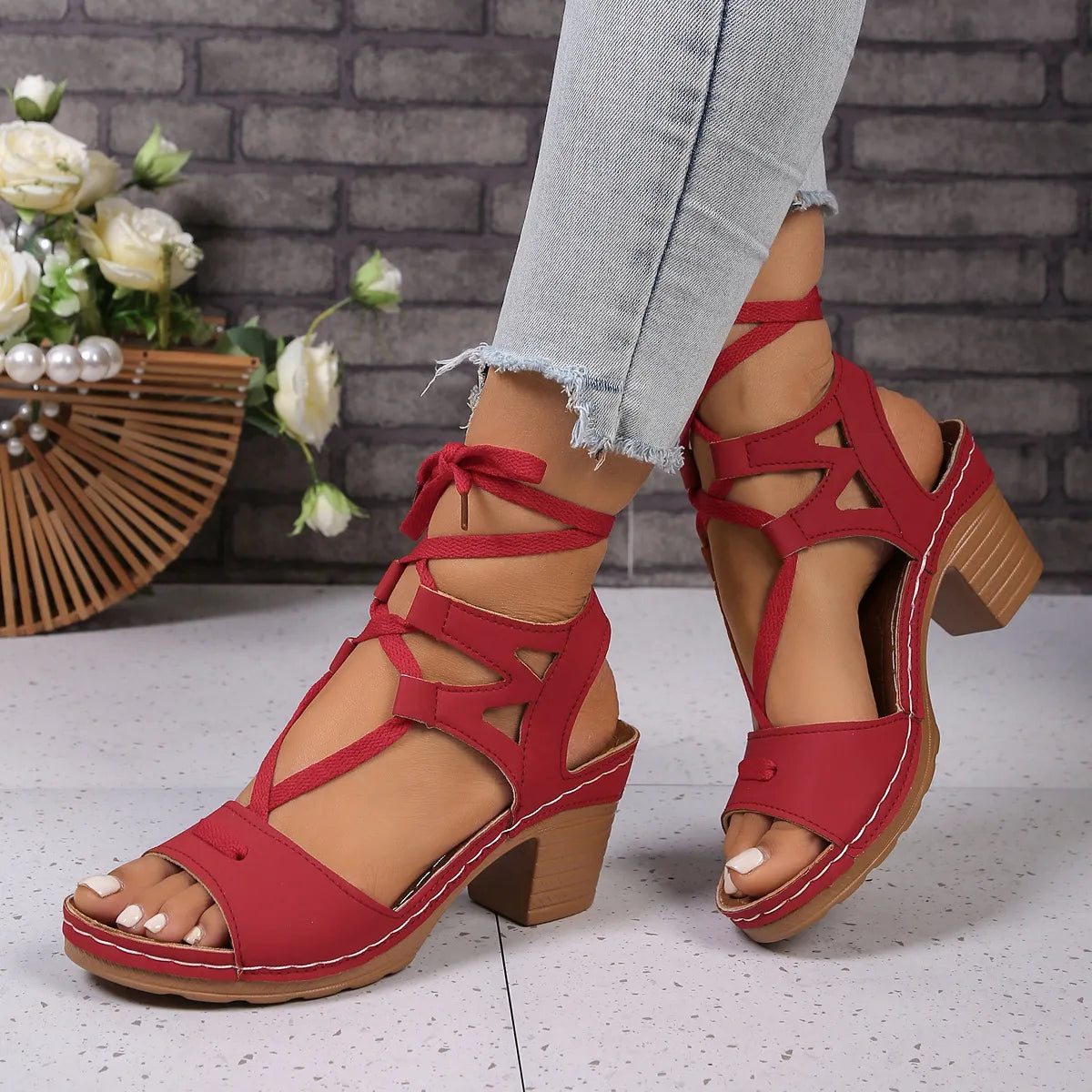 Lace-Up Block Heel Sandals