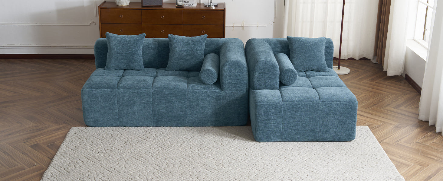 Modern Modular Sofa with Deep Seating, Two Side Pockets, and Plush Pillows in Blue Chenille Fabric, 101.2'