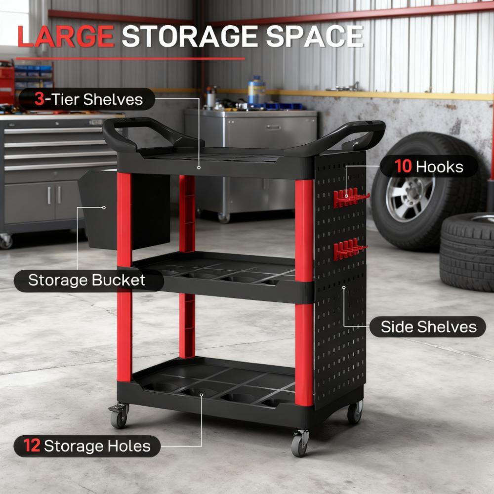 200 LBS Capacity Plastic Utility Cart with Side Shelf and Storage Bucket,Rolling Tool Cart