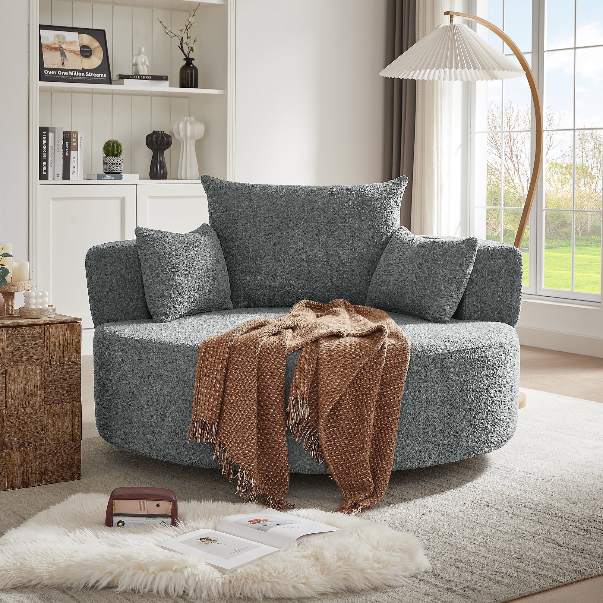 Modern Accent Swivel Barrel Chair with Removable Pillows, Grey Chenille, 56.3x56.3x35.5 in