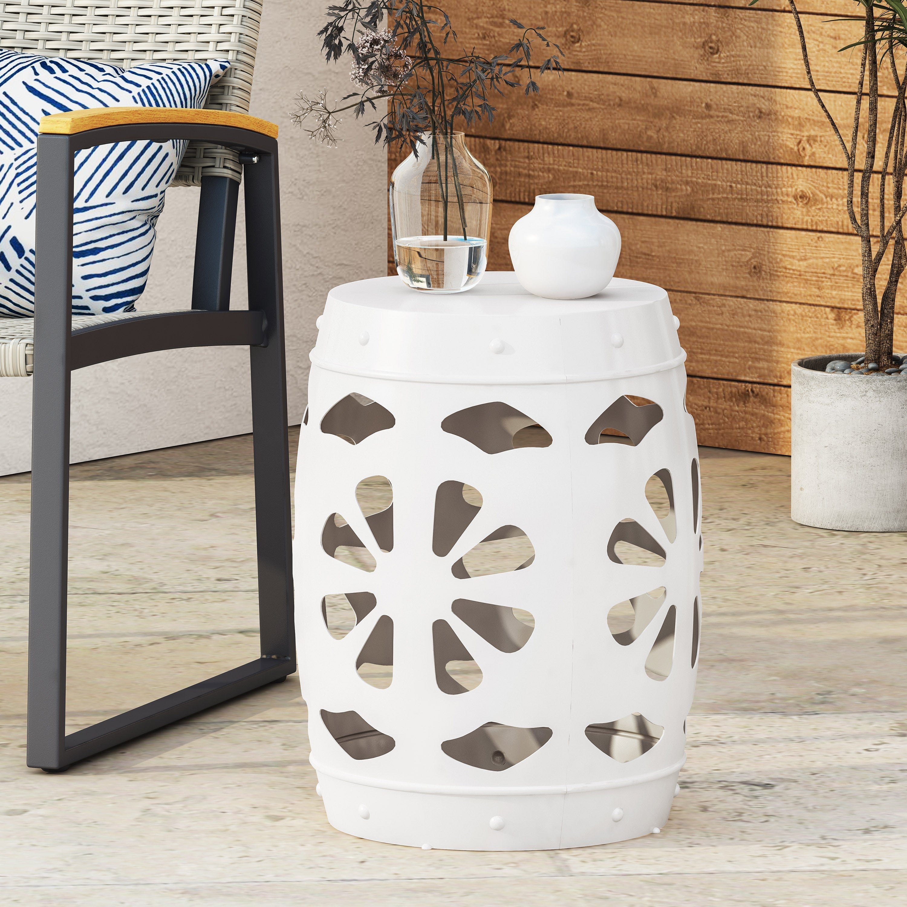 Modern White Metal End Table with Floral Iron Cut Design and Powder-Coated Frame
