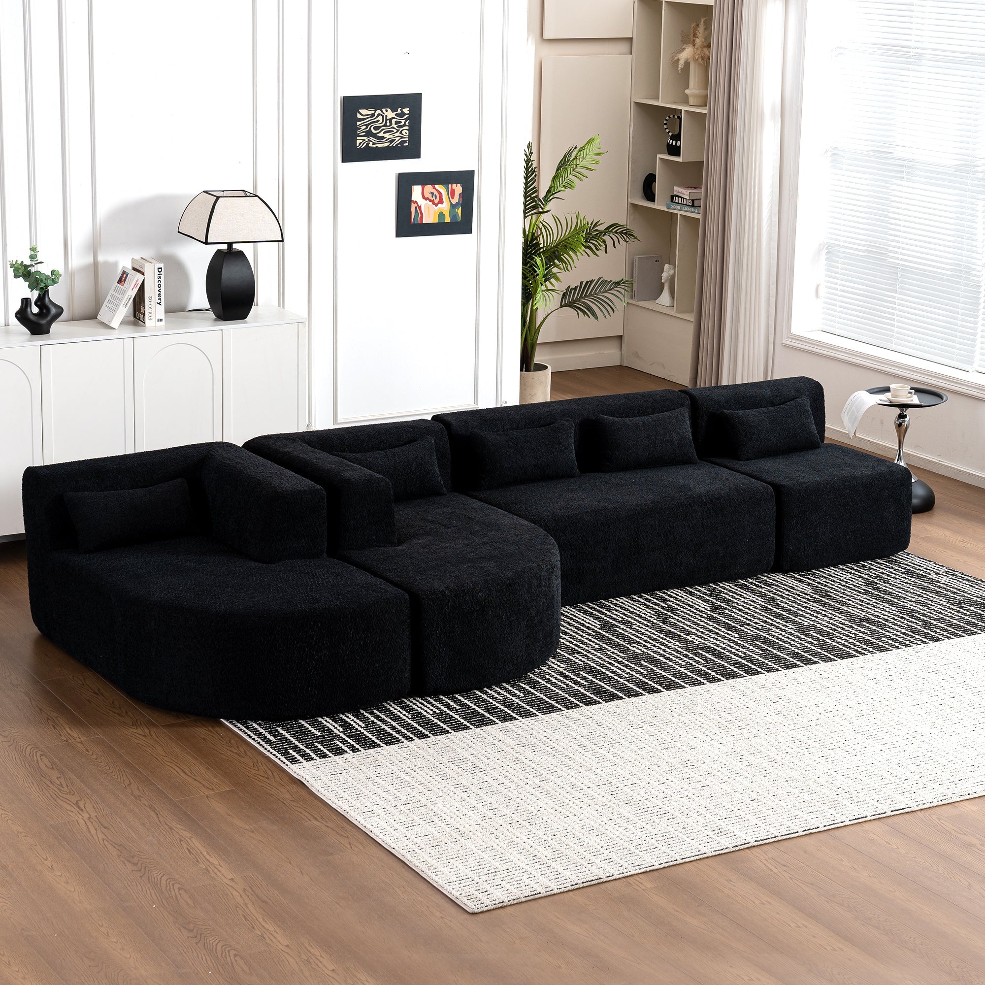 144' Upholstered Sofa Free-combined Sofa Couch with Two Chaise Lounge and Five Back Pillows for Living Room(Old SKU: N719S001600B), Black