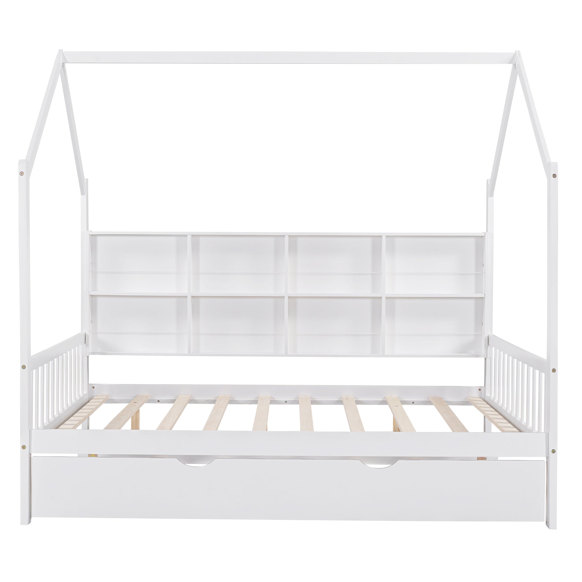 Wooden Full Size House Bed with Trundle,Kids Bed with Shelf, White (Old SKU: WF297070AAK)