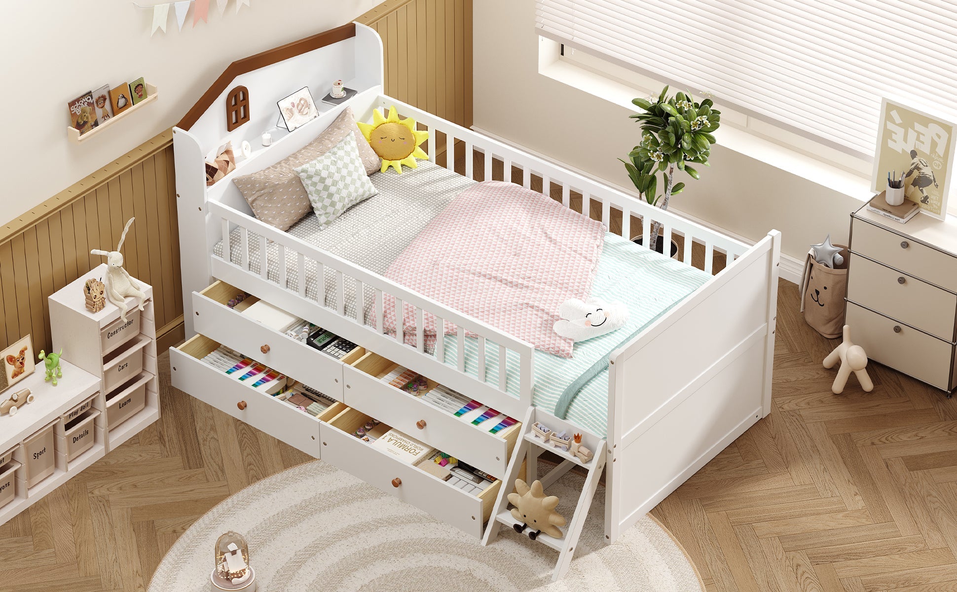 Twin Bed Frame with Storage 4 Drawers,Wooden Bed Frame for Kids,Platform Twin Size Bed with Guardrail Headboard and Ladder, No Box Spring Needed, Easy Assembly, White