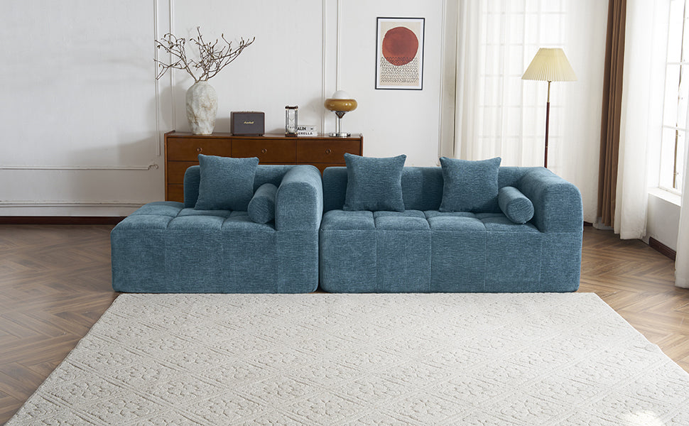 Modern Modular Sofa with Deep Seating, Two Side Pockets, and Plush Pillows in Blue Chenille Fabric, 101.2'