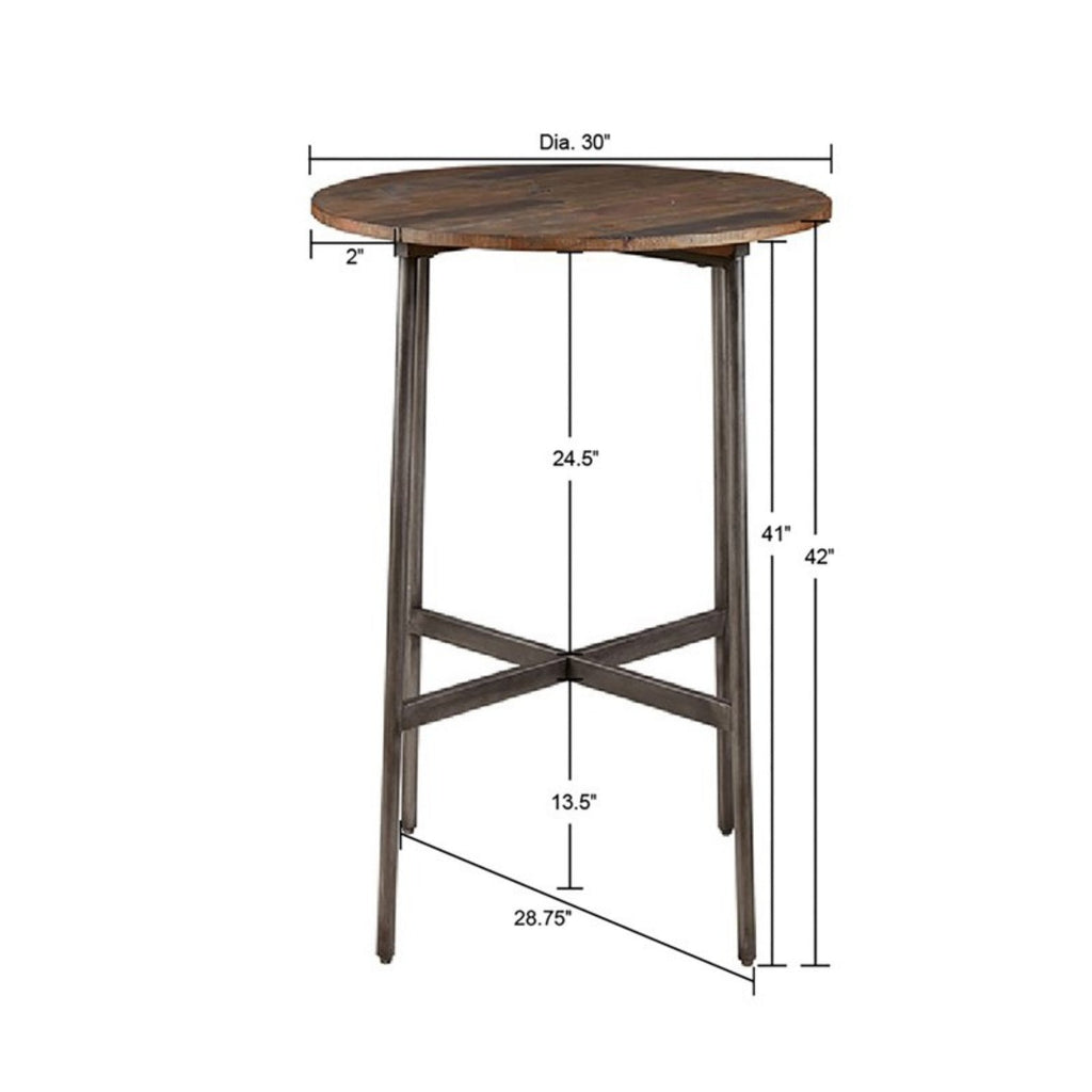 Renu Round Bar Table with Industrial Charm in Light Brown Pine Wood and Gun Metal Finish