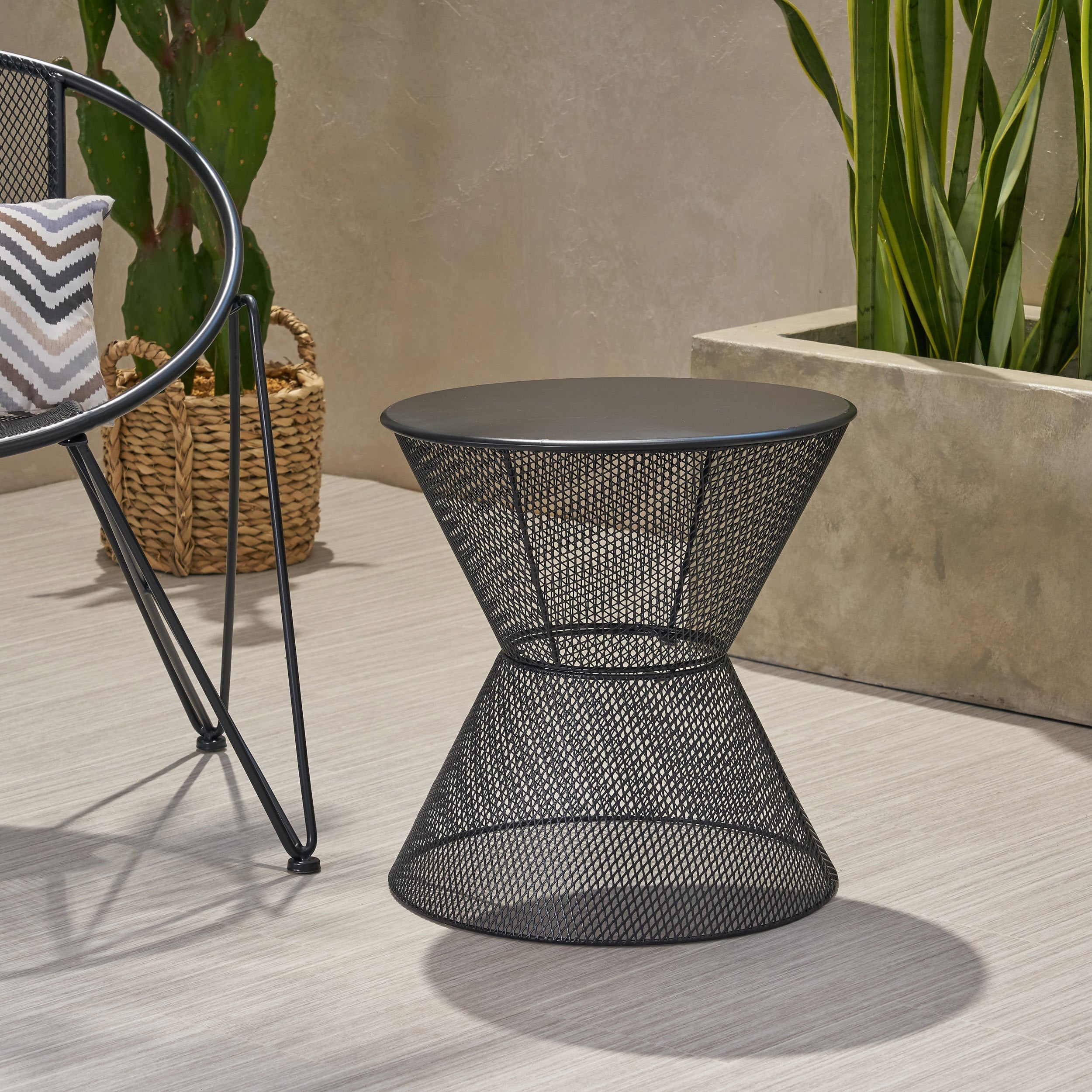 NEVADA Outdoor Side Table with Breezy Mesh Look in Matte Black Iron, 17.75 x 17.75 x 18.25 inches