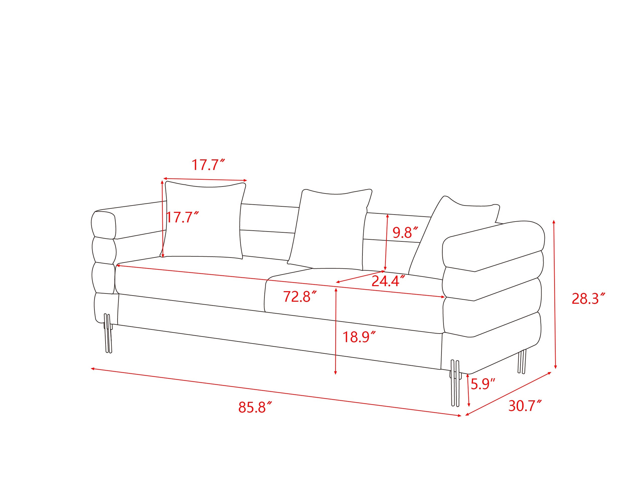 Luxurious and comfortable upholstered sofa with golden legs and pillows for living room and reception area