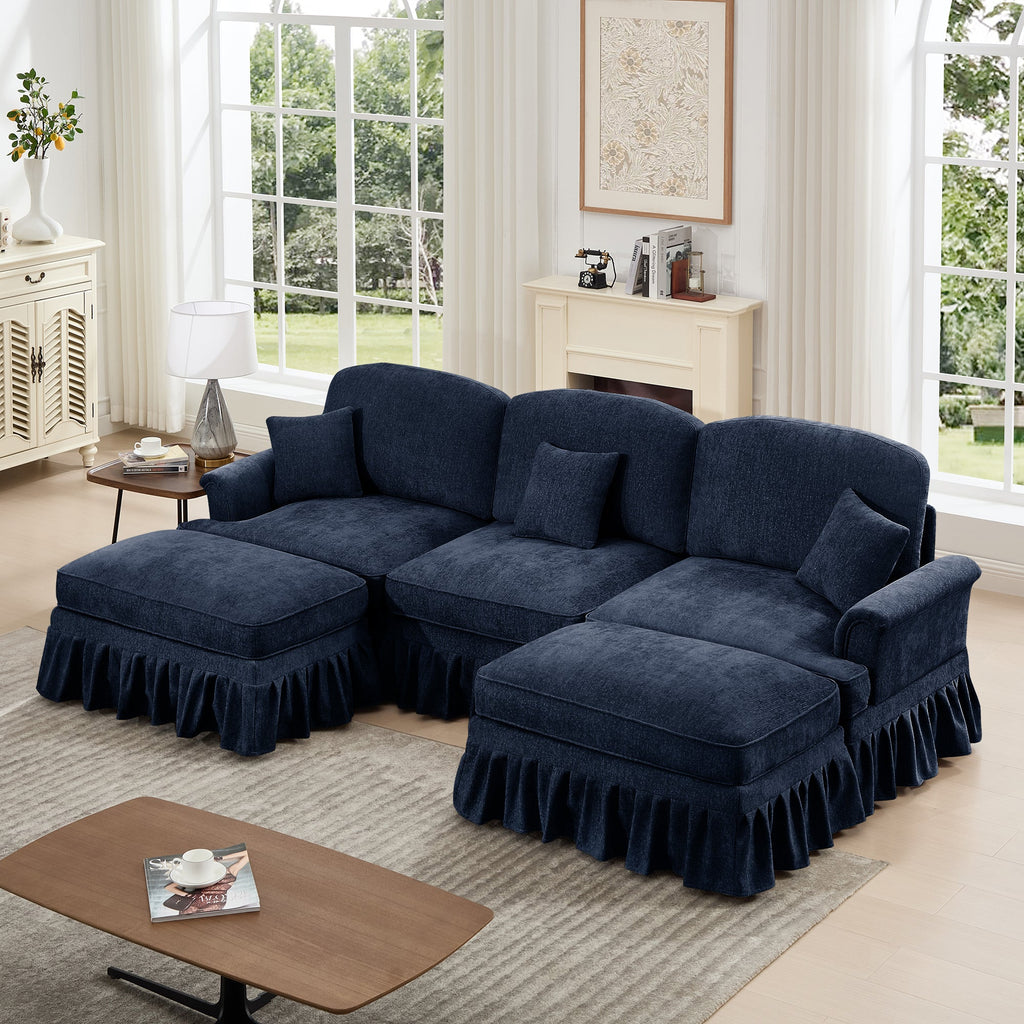 Classic Comfy Modular U Shape Sectional Sofa Couch with Flared Arms and Removable Ruffles Pleats Skirts and Spindle Legs, Upholstered Chenille Deep Seat Cloud Sofa with Movable Ottomans, Blue