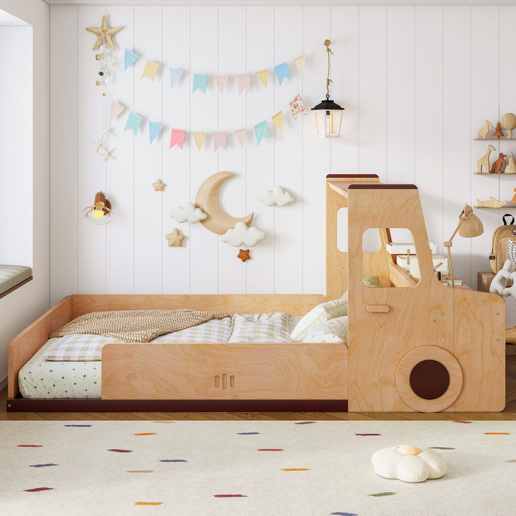 Full Size Floor Bed with Interesting Car-shape Design, Kids Car Floor Bed with Storage Drawers, Window, and Desk, Childlike Design, Natural
