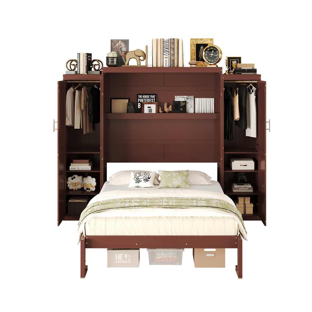 Full Size Murphy Bed, Wooden Full Wall Bed with 2 Wardrobe and Storage Shelf, Multifunctional Foldable Platform Bedframe for Guest-Room, Bedroom, Walnut