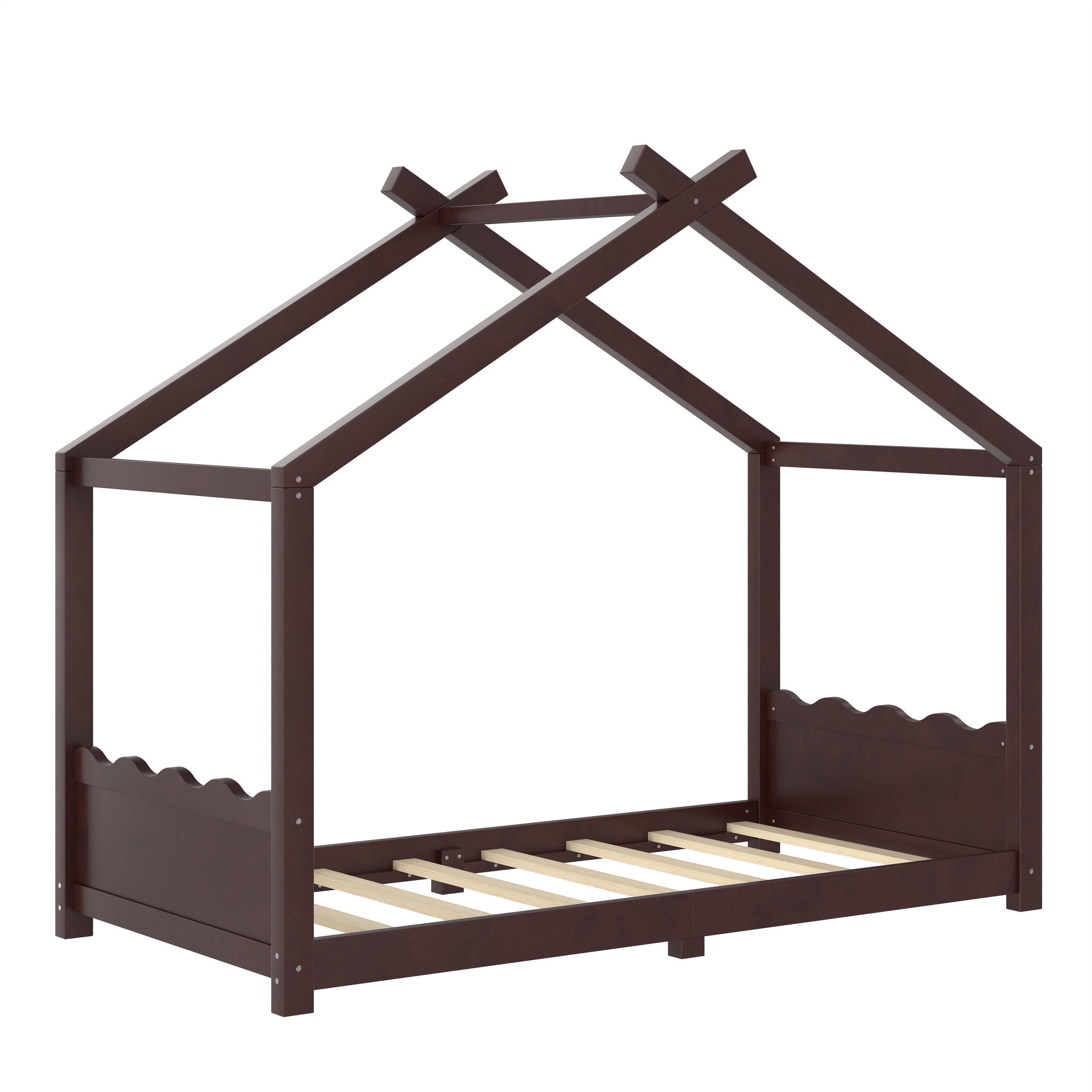 Twin House Floor Bed with Support Slats, Solid Wood House Bed Frame for Kids, No Box Spring Needed and Opening Constructure, Espresso