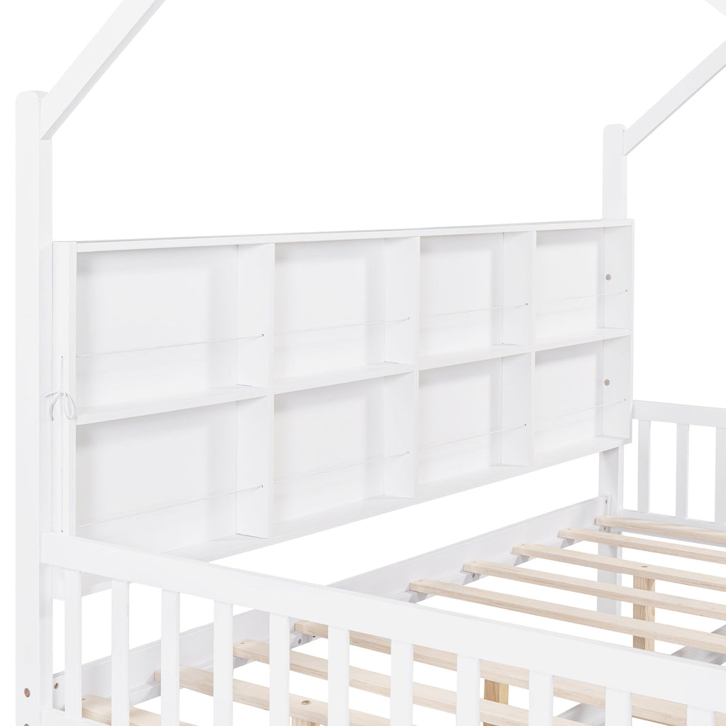 Wooden Full Size House Bed with Trundle,Kids Bed with Shelf, White (Old SKU: WF297070AAK)