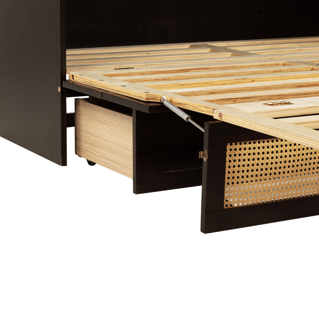 Queen Size Murphy Bed, Pine Wood Cabinet Bed with Rattan Decoration and Storage Drawer,Espresso