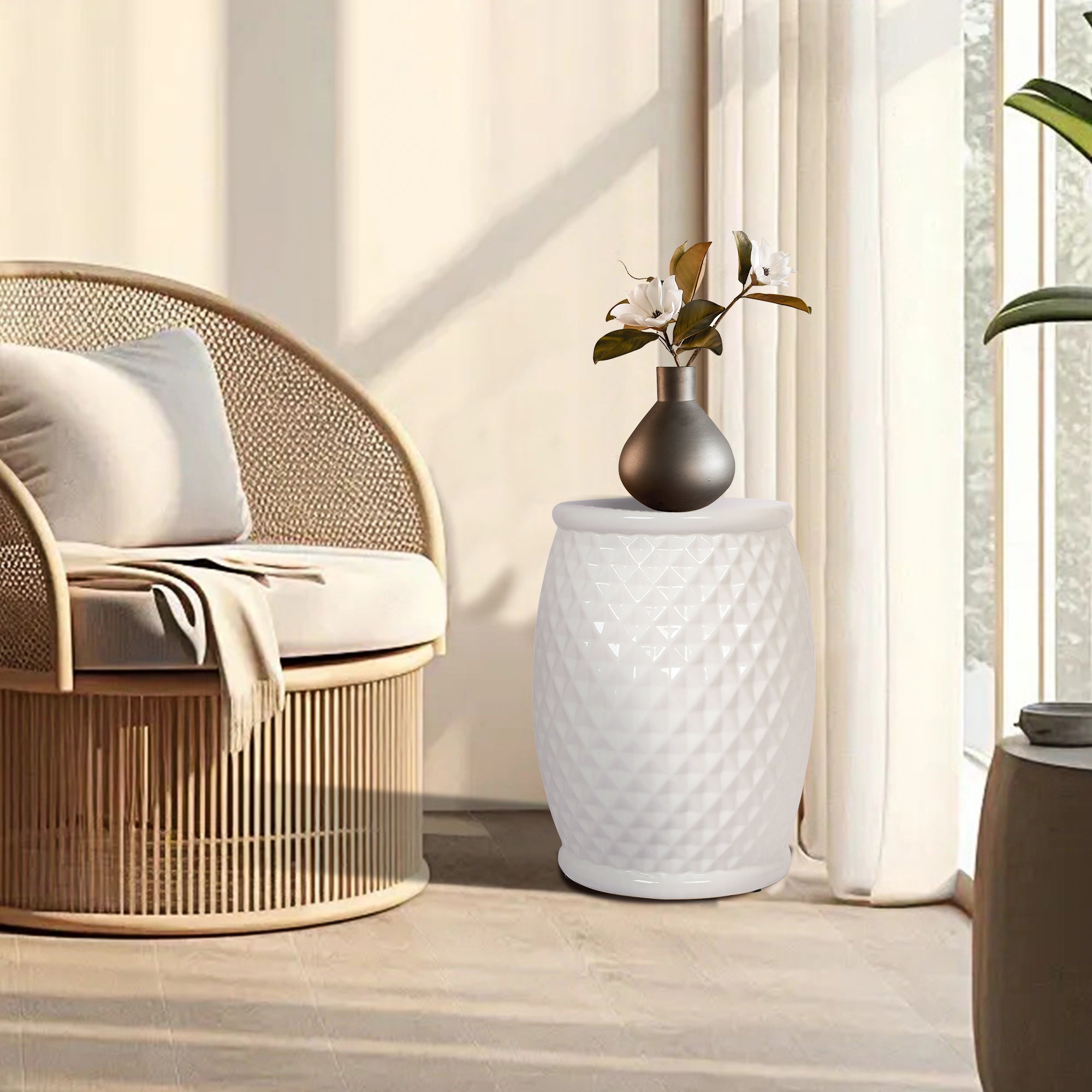 Glazed Ceramic Drum Stool - Indoor/Outdoor Side Table - White Ceramic 11 x 17.25 Inches