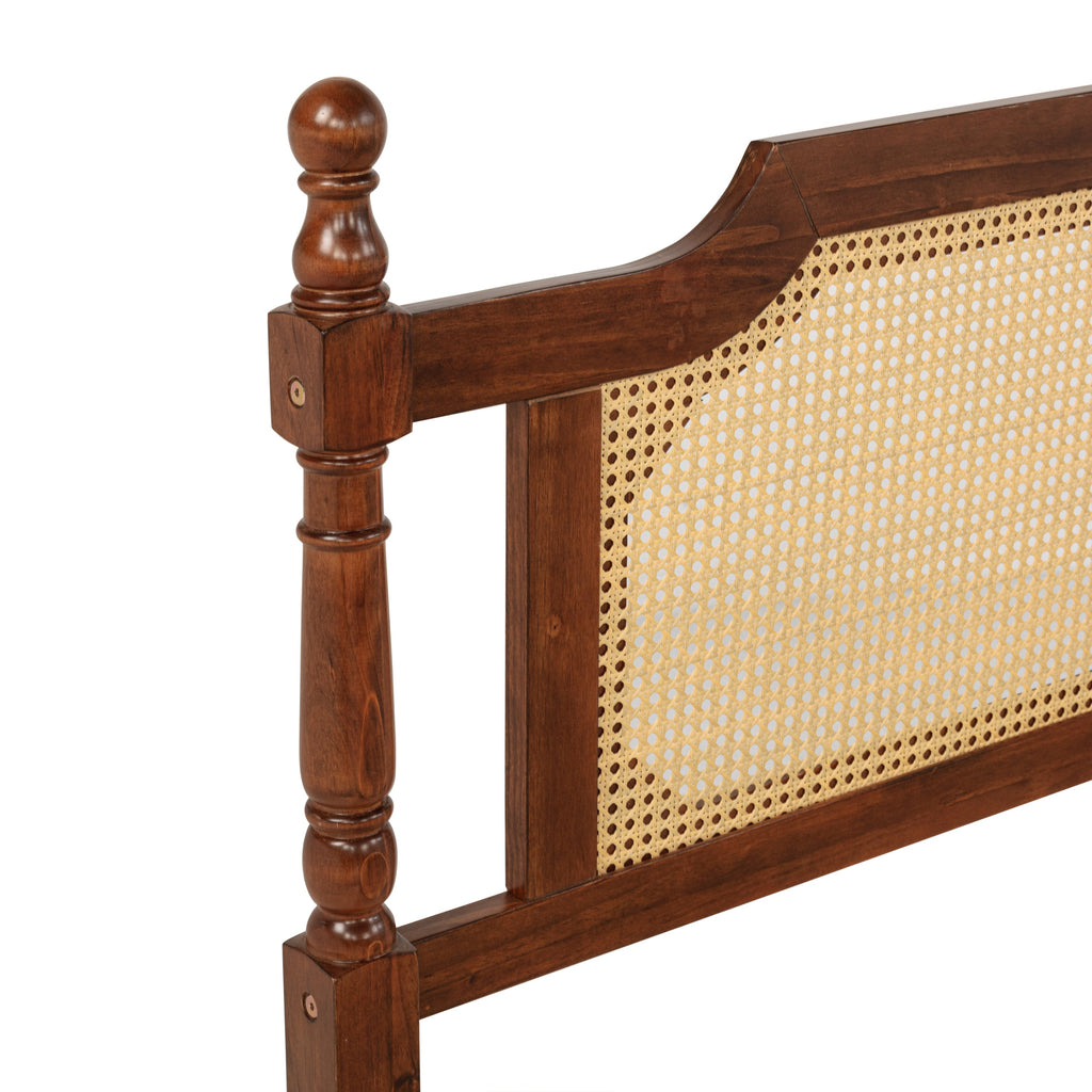 King Pine wooden Bed with Rattan Headboard  and Footboard, with  Central Enhanced Bed Platform,Walnut