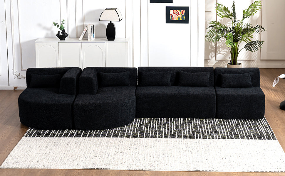 144' Upholstered Sofa Free-combined Sofa Couch with Two Chaise Lounge and Five Back Pillows for Living Room(Old SKU: N719S001600B), Black