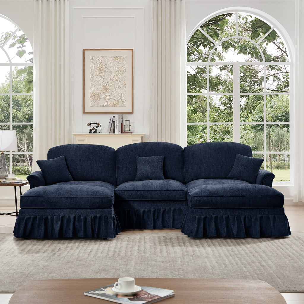 Classic Comfy Modular U Shape Sectional Sofa Couch with Flared Arms and Removable Ruffles Pleats Skirts and Spindle Legs, Upholstered Chenille Deep Seat Cloud Sofa with Movable Ottomans, Blue