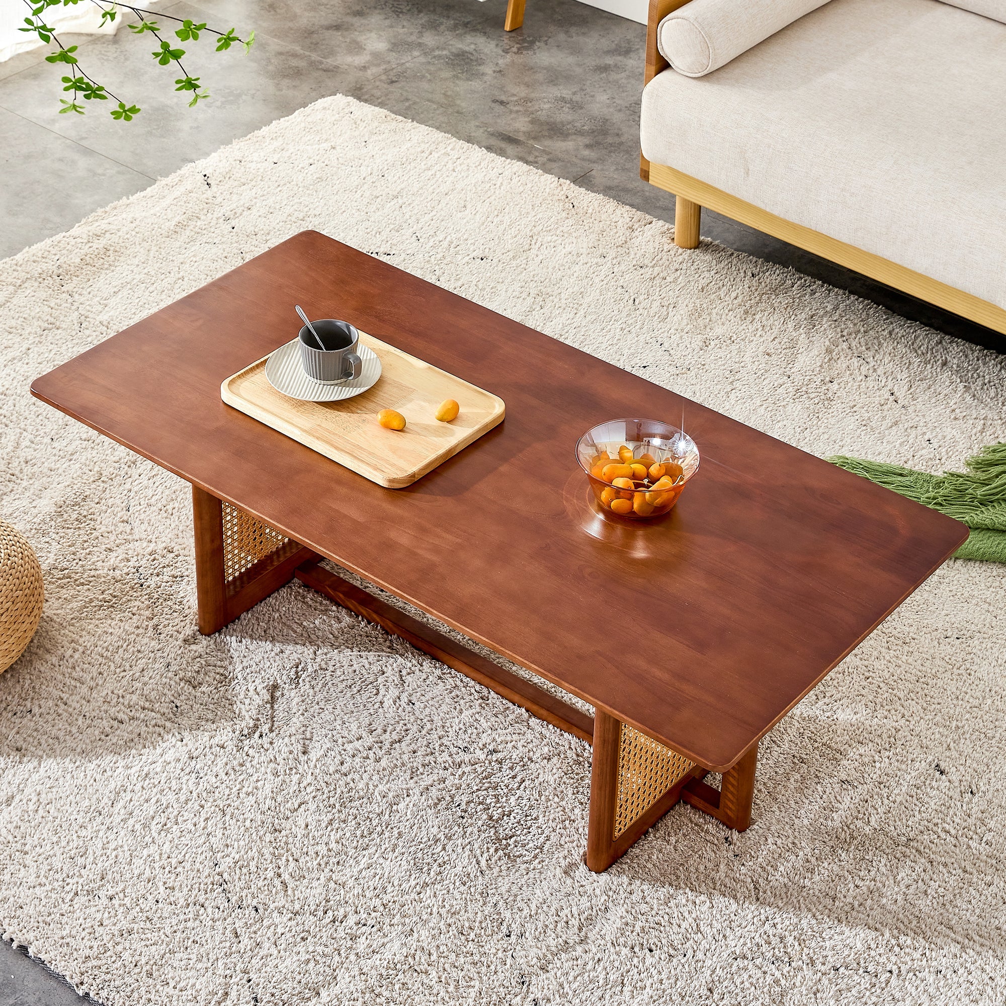 Chinese style log wind Imitation rattan Walnut color tea table rectangular solid wood coffee low table small family living room tea table
