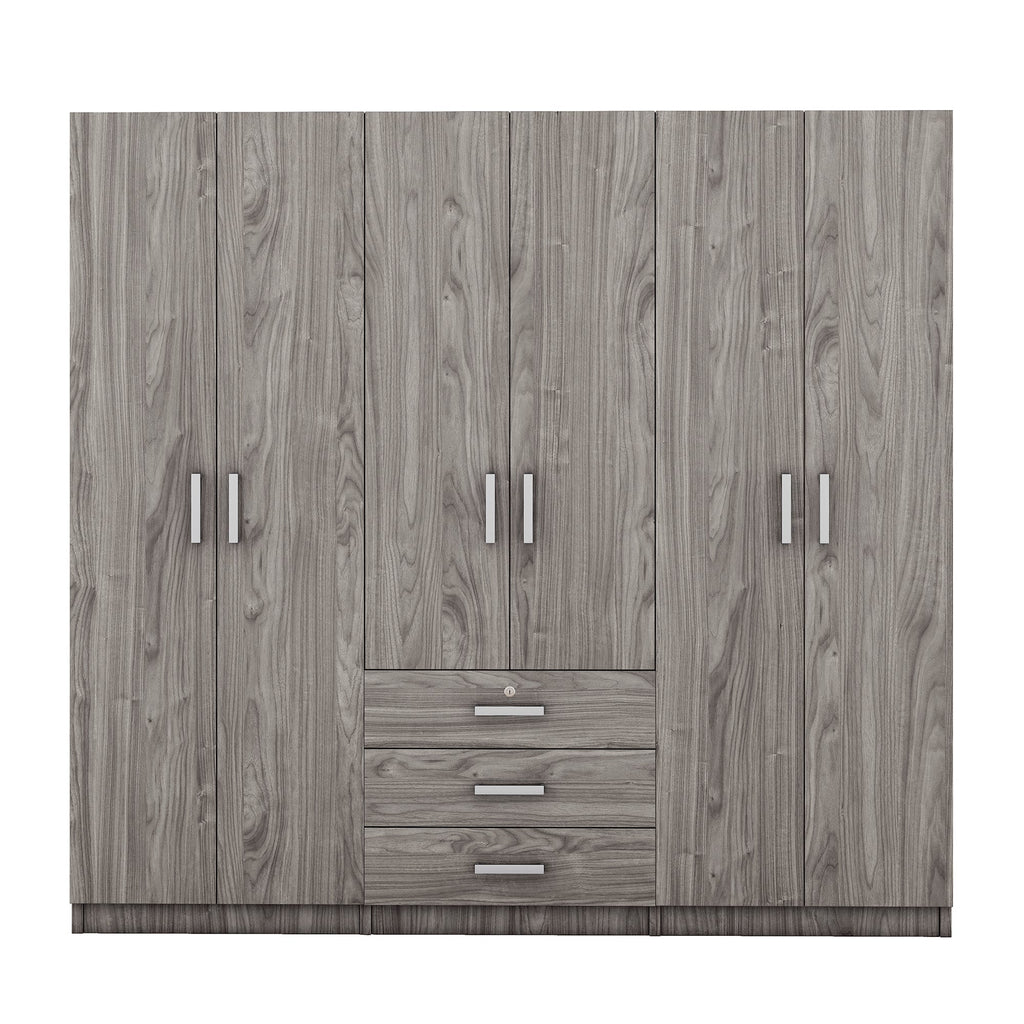 6-Doors Wooden Wardrobe Storage for Bedroom, with Big Drawers, Gray