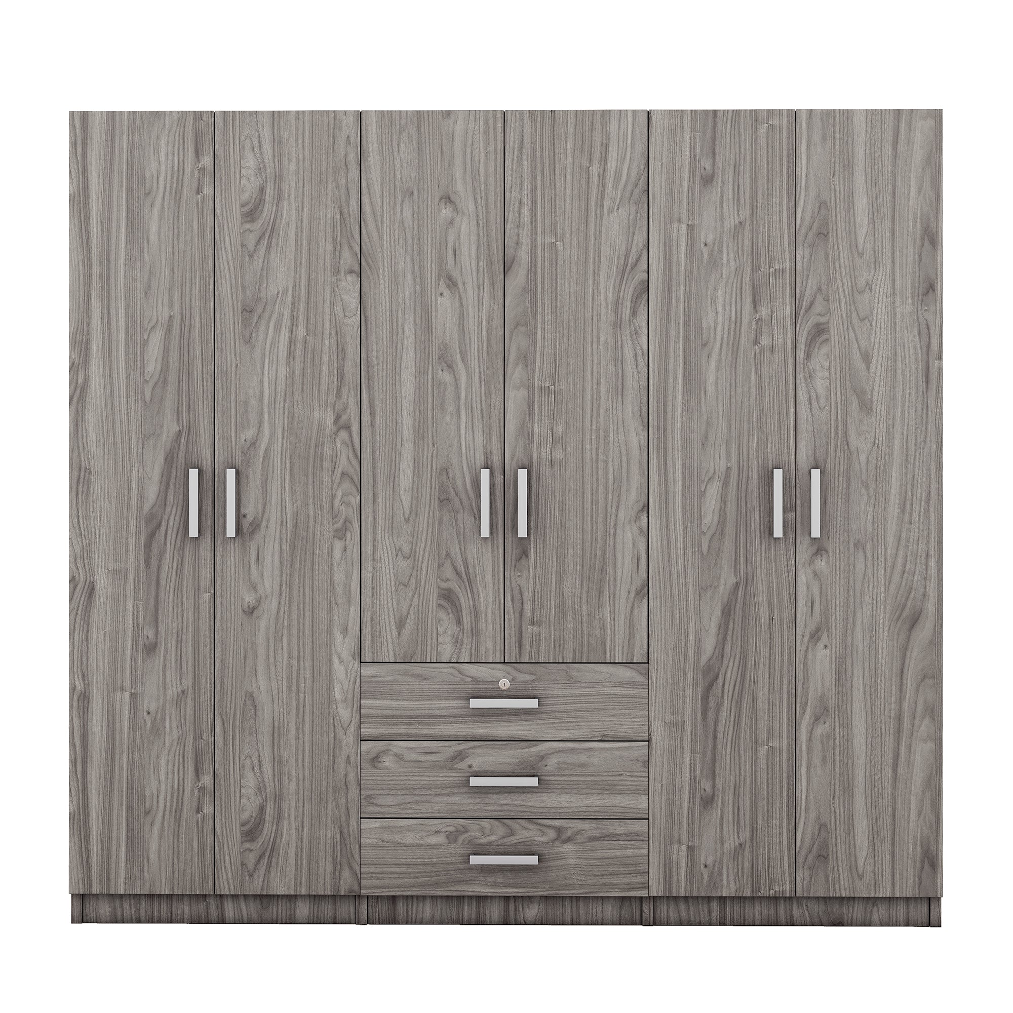 6-Doors Wooden Wardrobe Storage for Bedroom, with Big Drawers, Gray