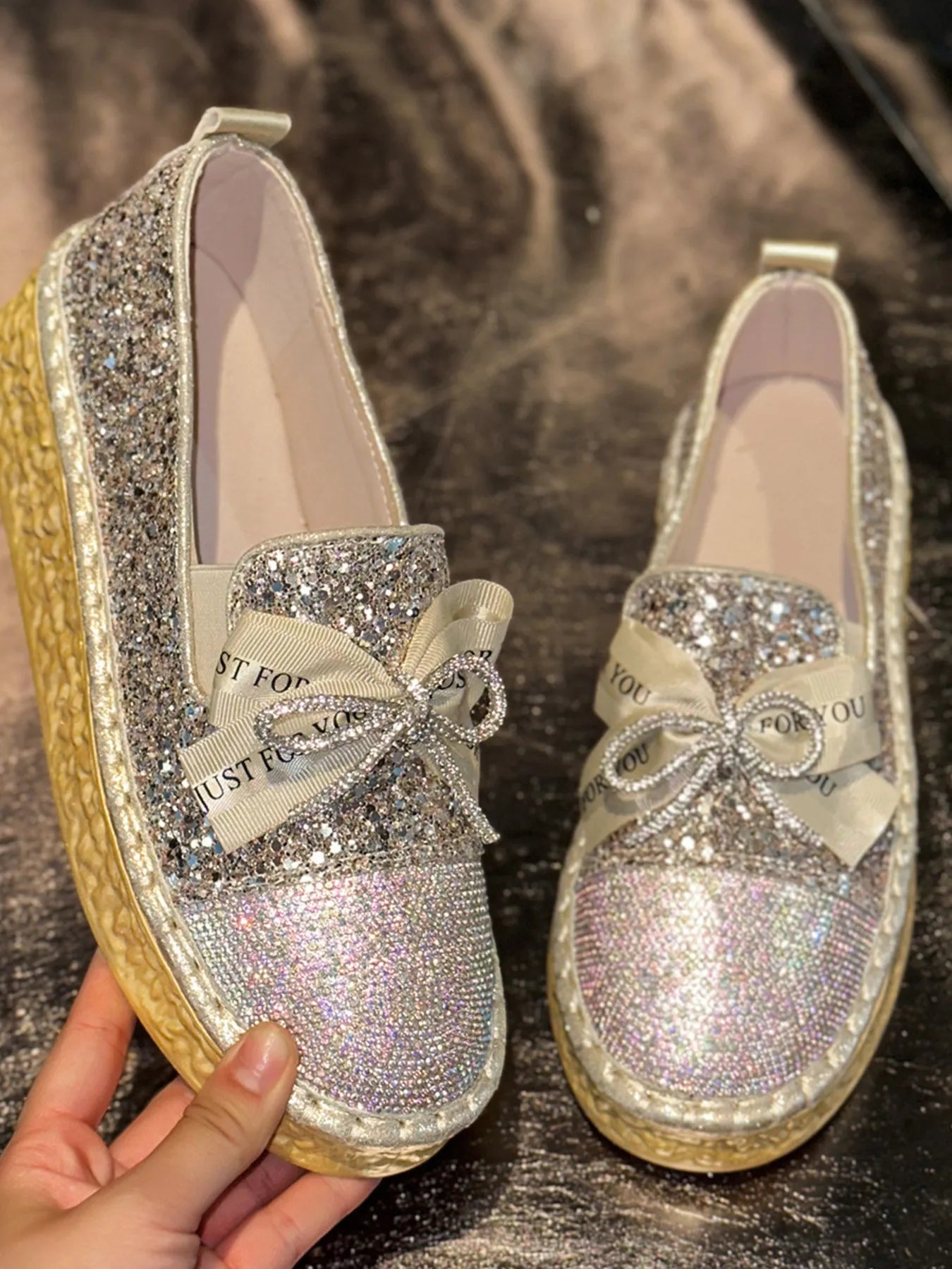 Rhinestone Bow Round Toe Slip-Ons