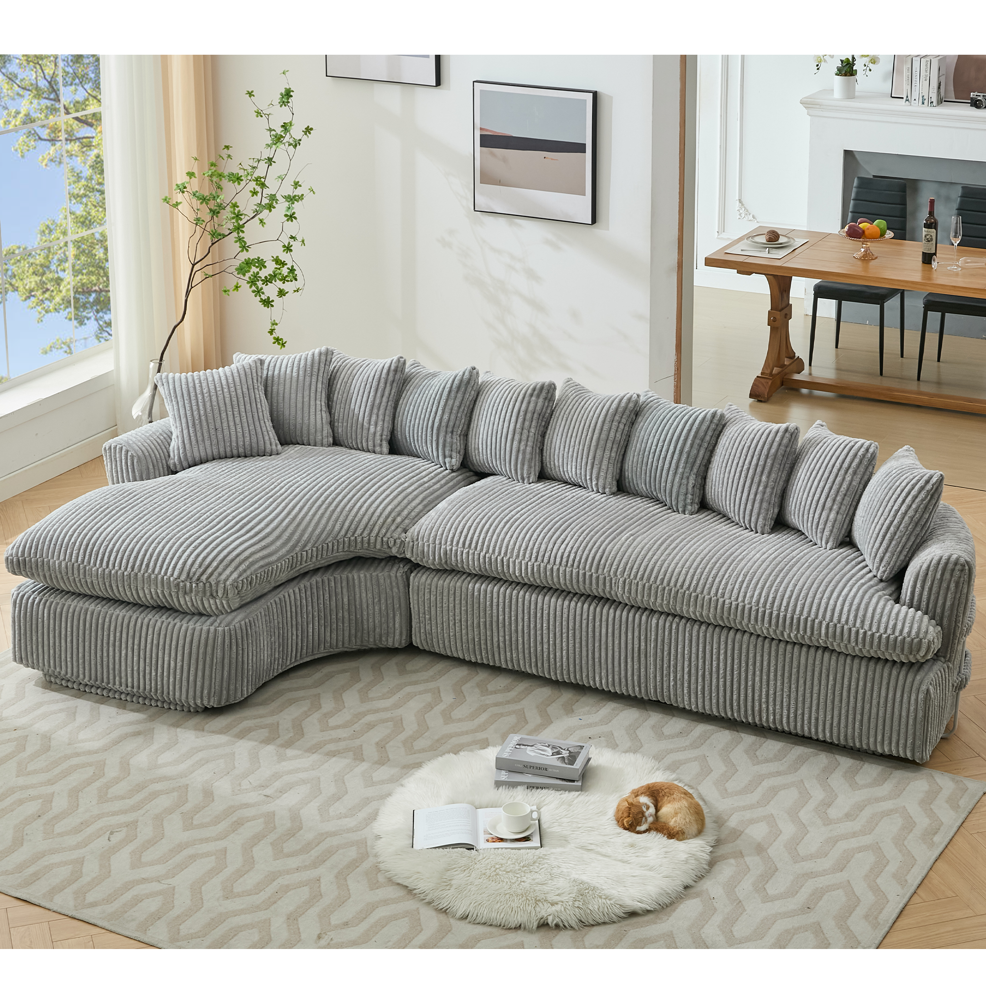 127''  Large Sectional Sofa ,Elegant Curved Design ,High-Resilience Foam ,Ten Back Cushions,L-Shape Left Sofa,No Assembly  Required , (Gray-Soft Corduroy Fabric)
