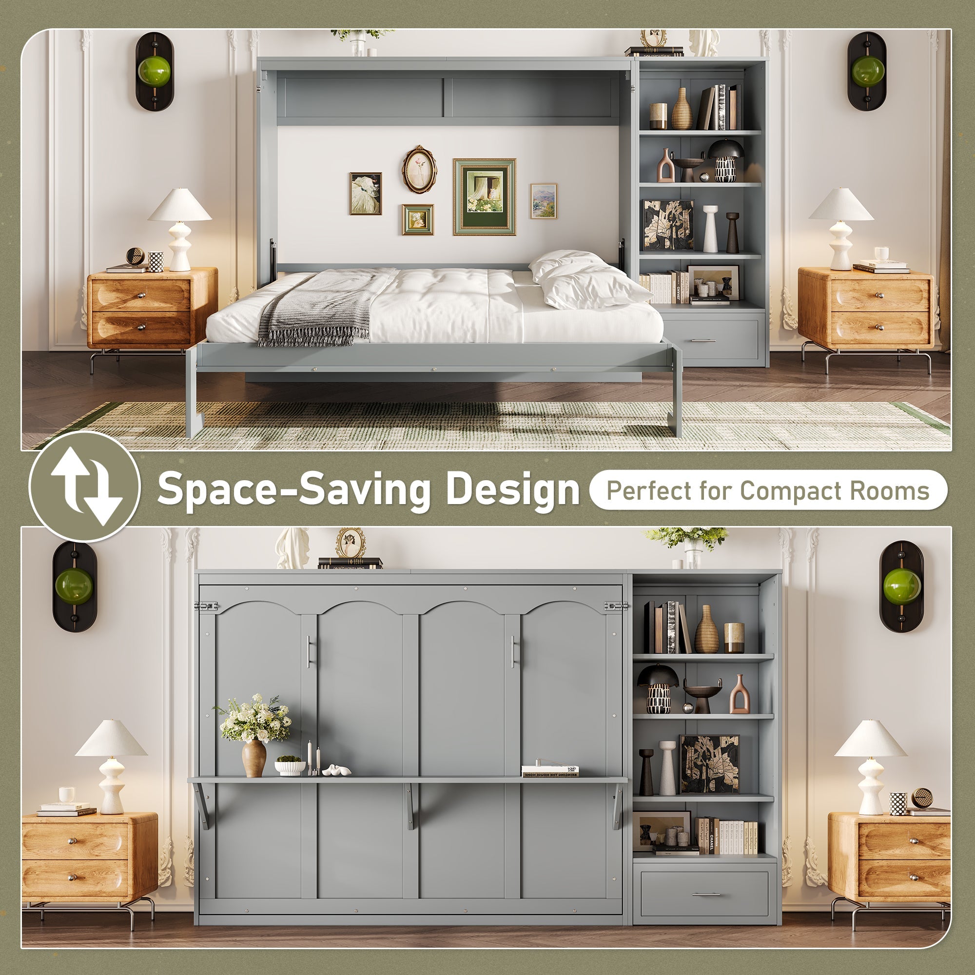 Queen Size Murphy Bed with Height Adjustable Storage Compartments and Shelf, Wall Bed Frame With 1 Drawer, Multifunctional Foldable Platform Bed for Small Space,Bedroom,Guest Room, Gray