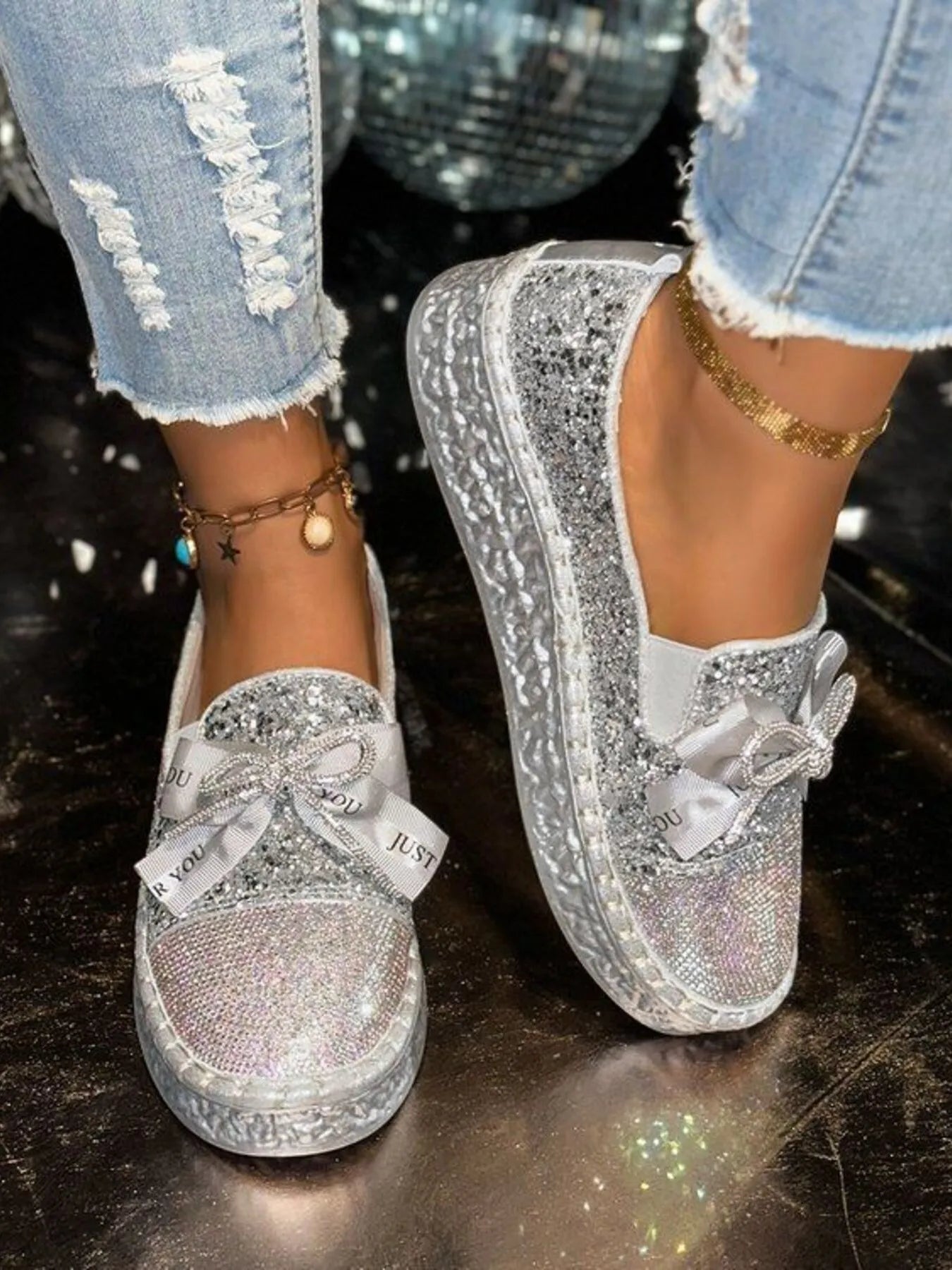 Rhinestone Bow Round Toe Slip-Ons