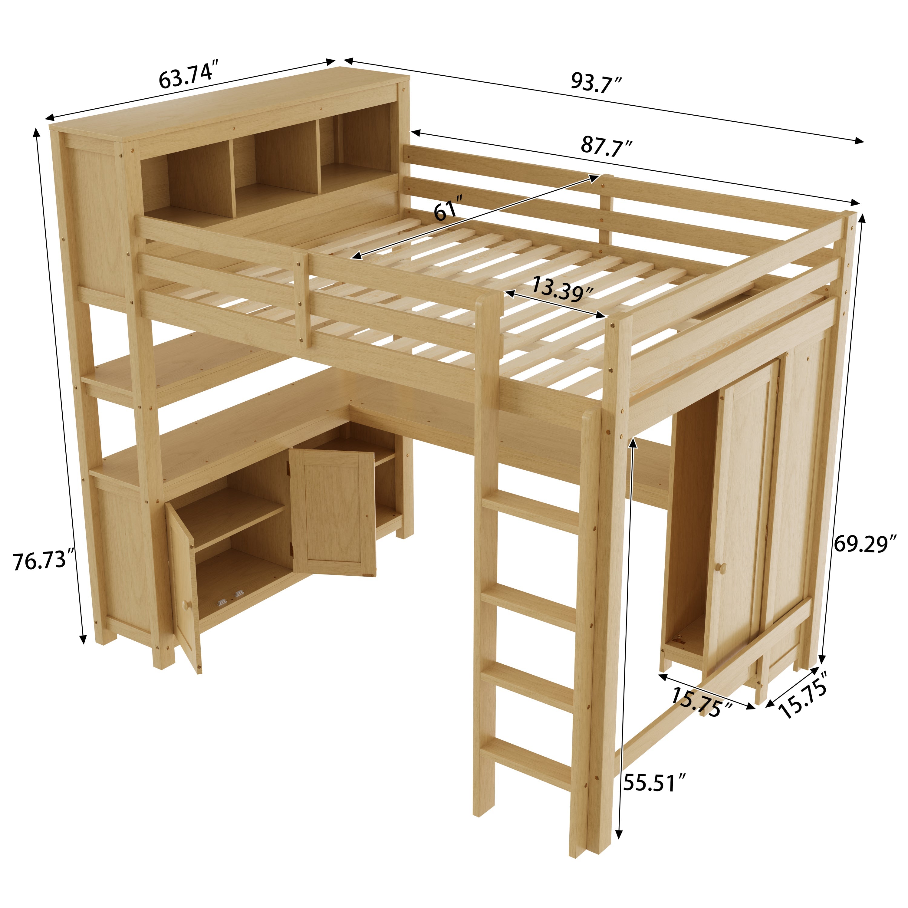 Wood Loft Bed with Cabinet and Bookshelf, Queen Size Loft with Wardrobe and Desk for Kids,Natural