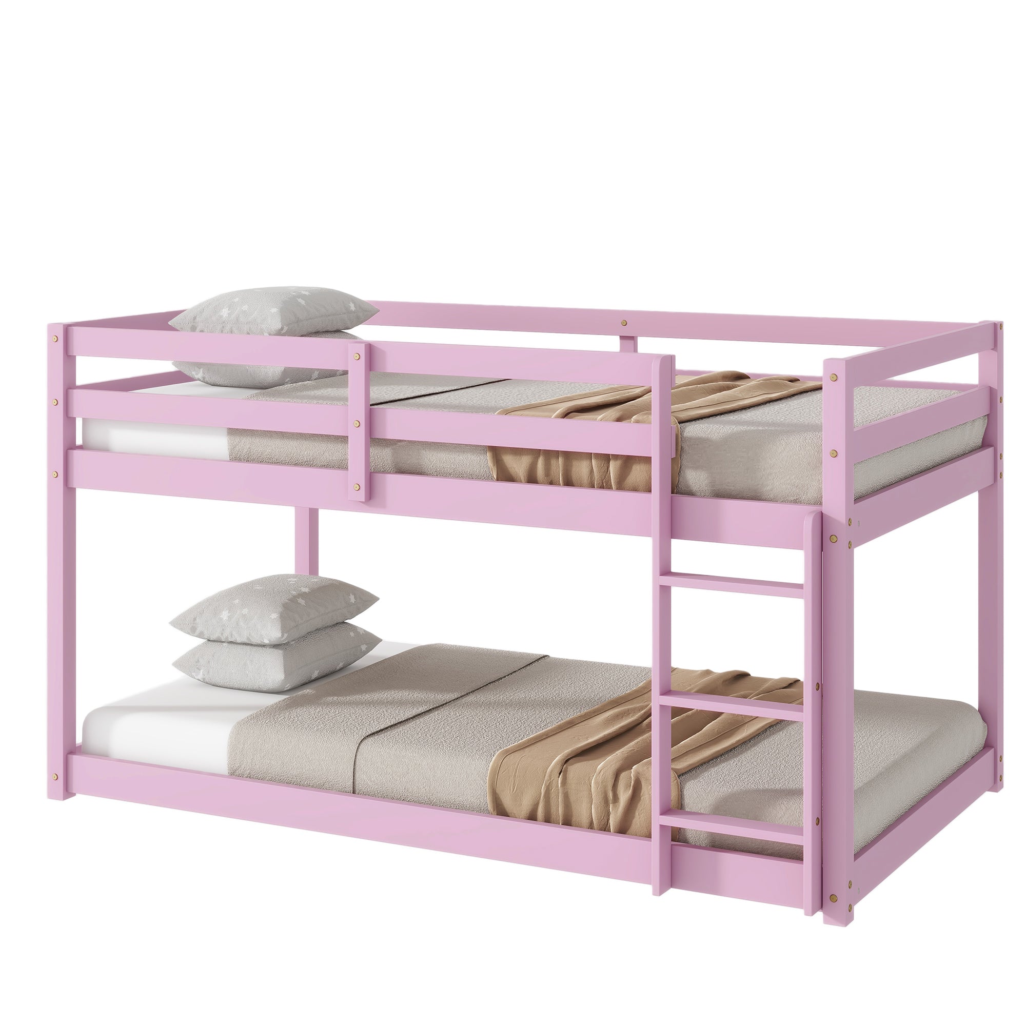 Solid Wooden, Solid Rubber Wooden Twin over Twin Floor Bunk Bed with Ladder, with Bed Platform of Strengthened Slats , Pink
