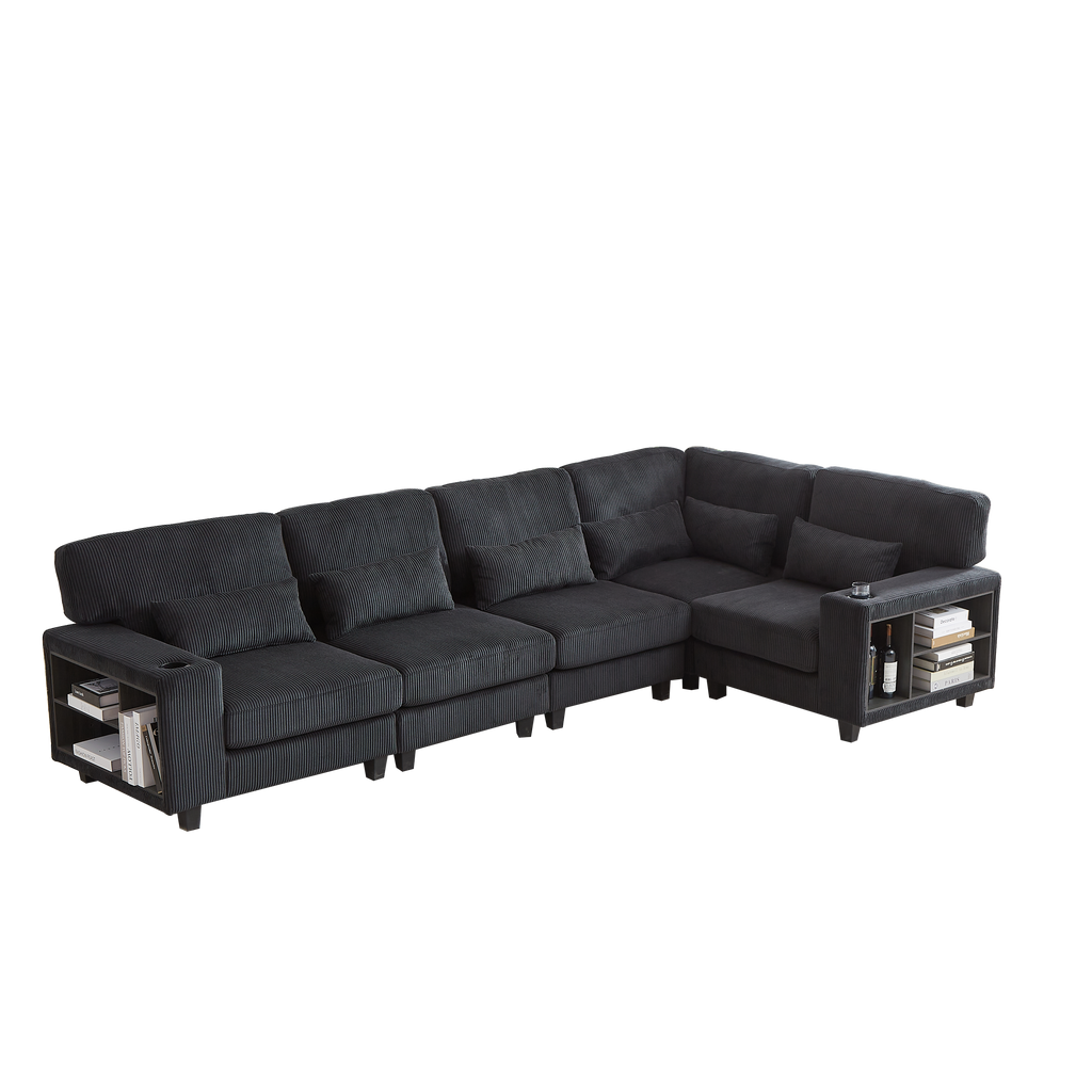 102.75*102.75' L-Shaped Modular Sectional Sofa, Modern Corduroy Sectional Sofa, Arm with Storage With Cup Holder 5-Seat Convertible Sectional Sofa for Living Room, Bedroom, Lounge and Projection Room