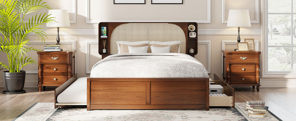 Queen Size Rattan Headboard Bed with Two Drawers and Trundle, Walnut