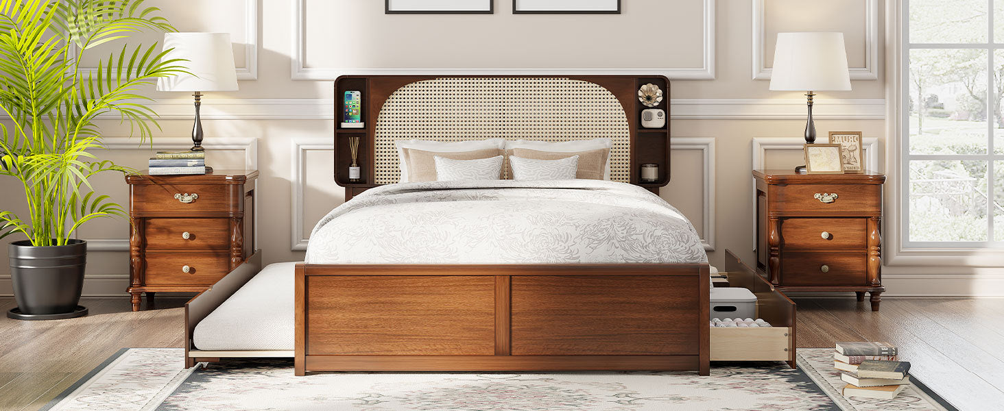 Queen Size Rattan Headboard Bed with Two Drawers and Trundle, Walnut