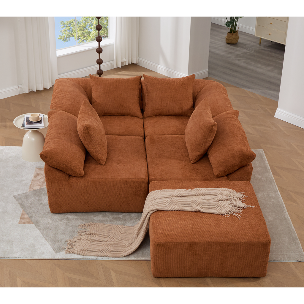 142' L Shaped Modular Sectional Sofa,No Assembly,5 Piece Couch, Convertible Sleeper Couch,Full-Compressed Couch,Free-Combined Couches,5 Seat & Ottoman,Chenille,Orange