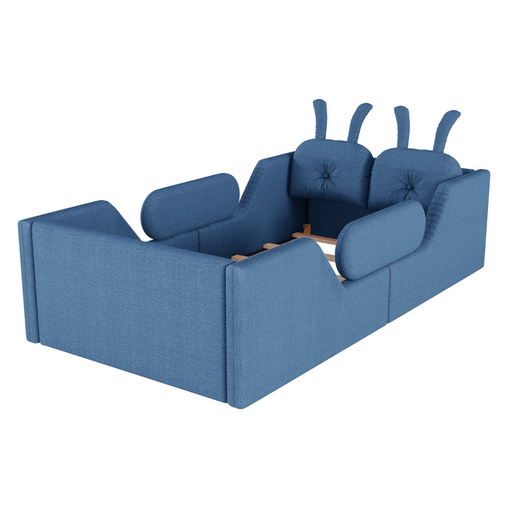 Twin Size Upholstered Platform Bed with Rabbit Cushion, Kids Floor Upholstered Bed with Removable Side Rails, Blue(Expect Arrival Date 2025/1/15)