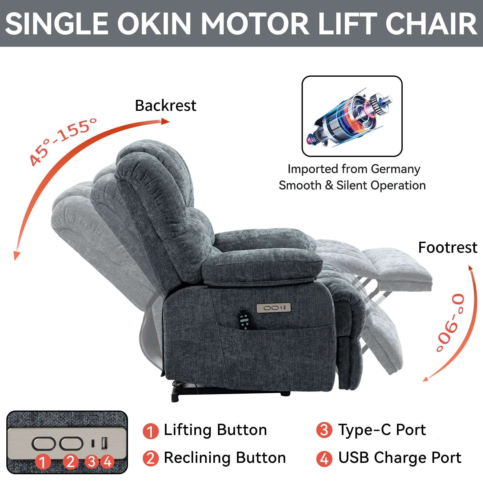 23' Seat Width and High Back Large Size Blue Grey Chenille Power Lift Recliner Chair with 8-Point Vibration Massage and Lumbar Heating