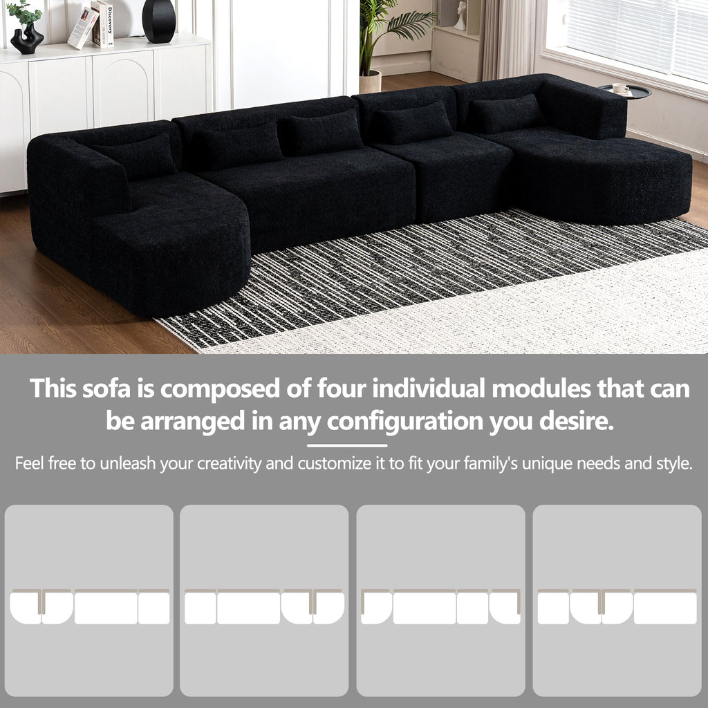 144' Upholstered Sofa Free-combined Sofa Couch with Two Chaise Lounge and Five Back Pillows for Living Room(Old SKU: N719S001600B), Black