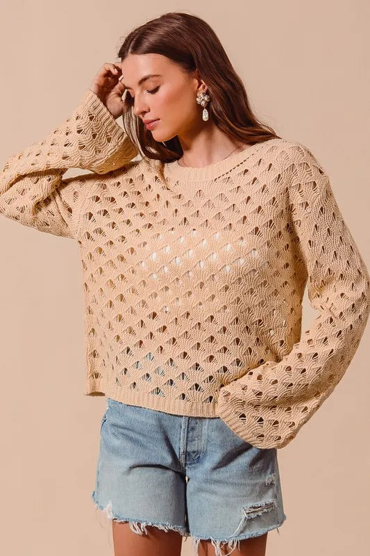 SO ME Geometric Pattern Open Knit Lightweight Sweater