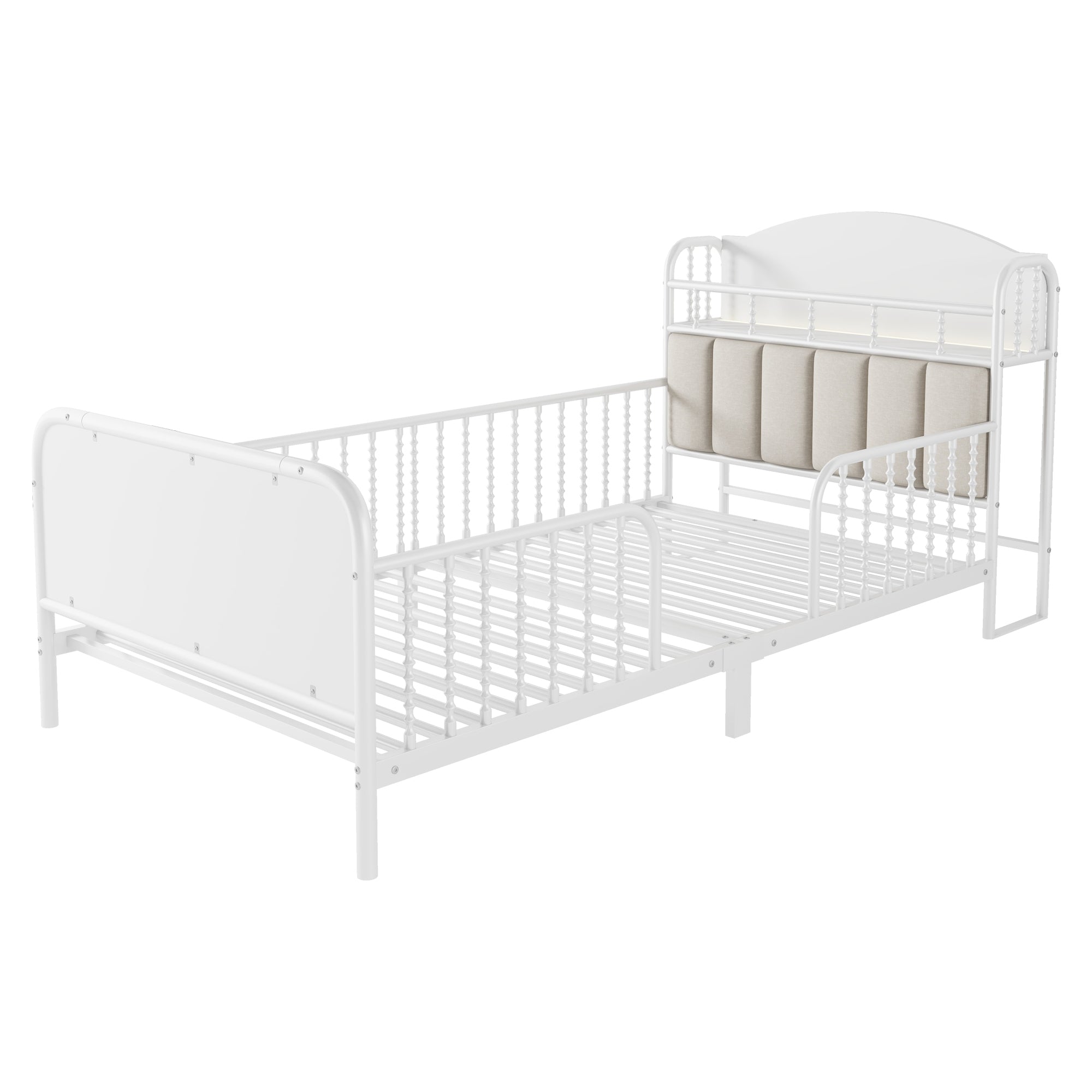 Twin Size Metal Platform Bed Frame with Light, Kids Twin Metal Bed with Upholstered and Storage Headboard, White (Expect Arrival Date 2025/10/5)