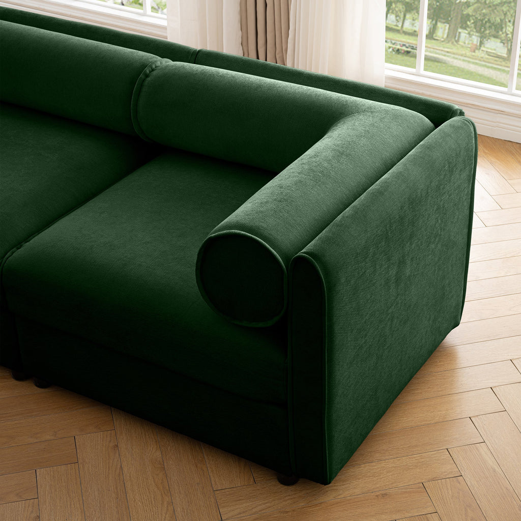 Elegant Green Chenille  Sofa with Storage Seat, Cylindrical Backrest and Armrests, Contemporary 3-Seater Fabric Couch with Hidden Storage Compartment