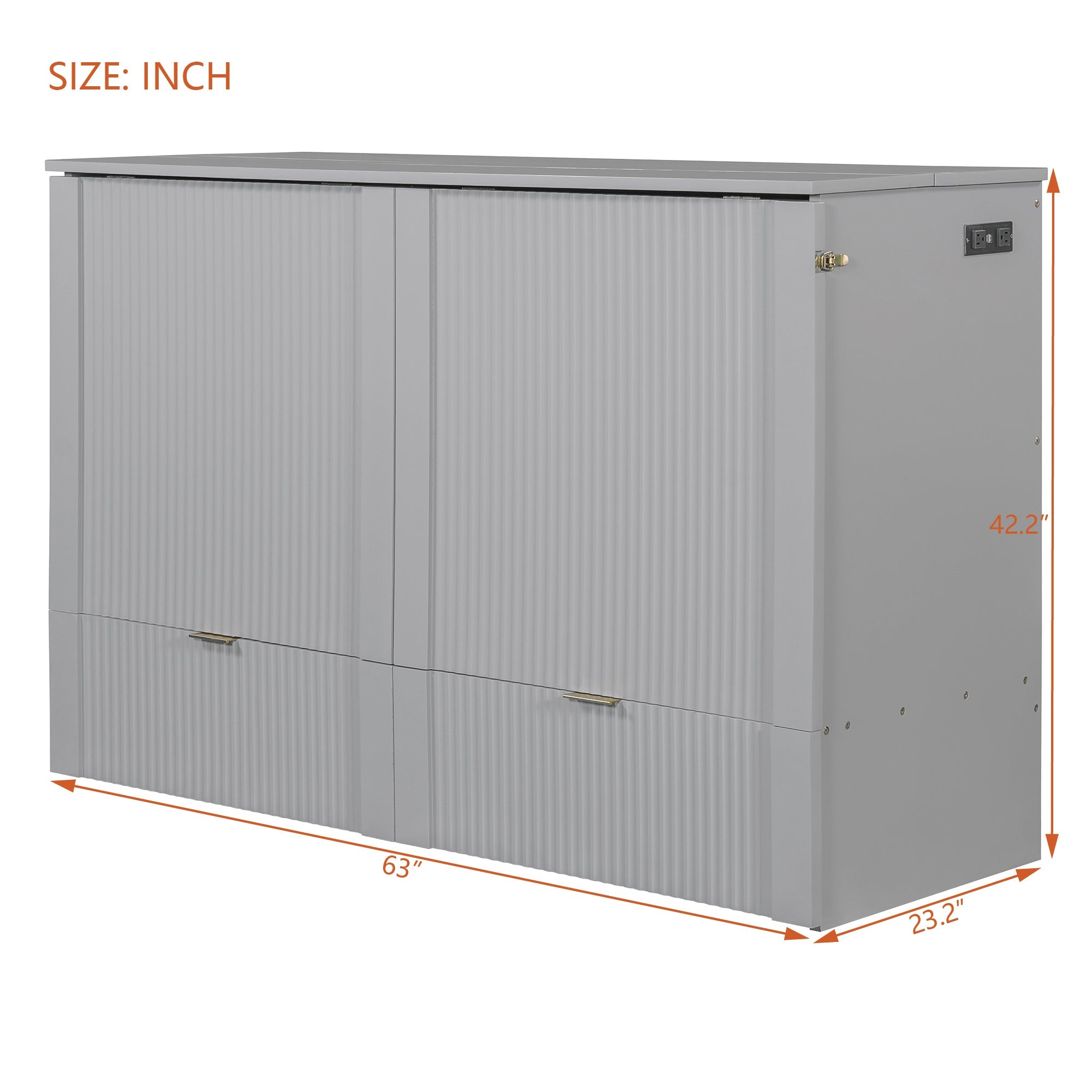 Queen Size Murphy  Bed with drawer and a set of Sockets & USB Ports, Pulley Structure Design, Gray