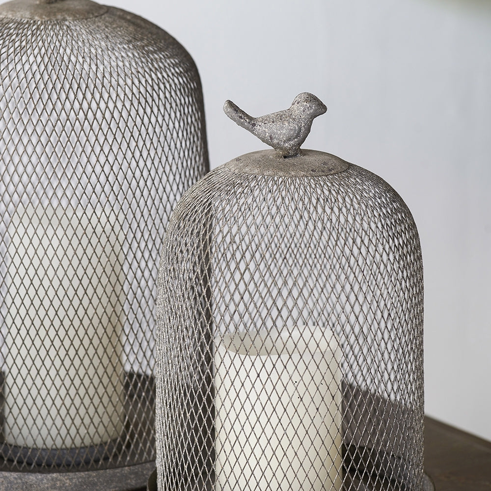 Set of 2 Ophira Sparrow Antique Gray Mesh Candle Holders, L: D8.5x13'  S: D7x10'