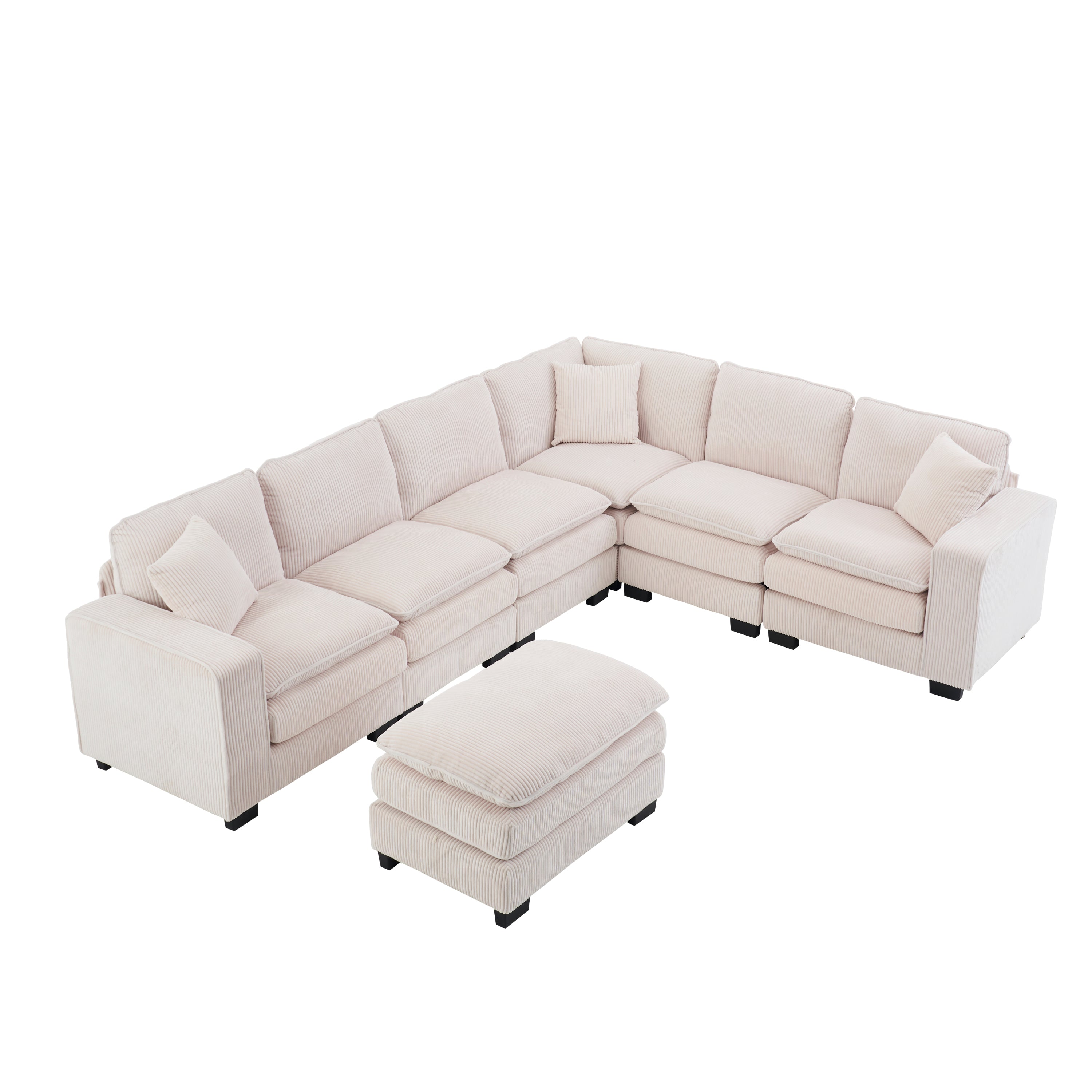 Modern U Shaped 6-seat Sectional Sofa Couch with one Ottoman and three toss pillows ,Modular Sofa for Living Room,Corduroy sofa