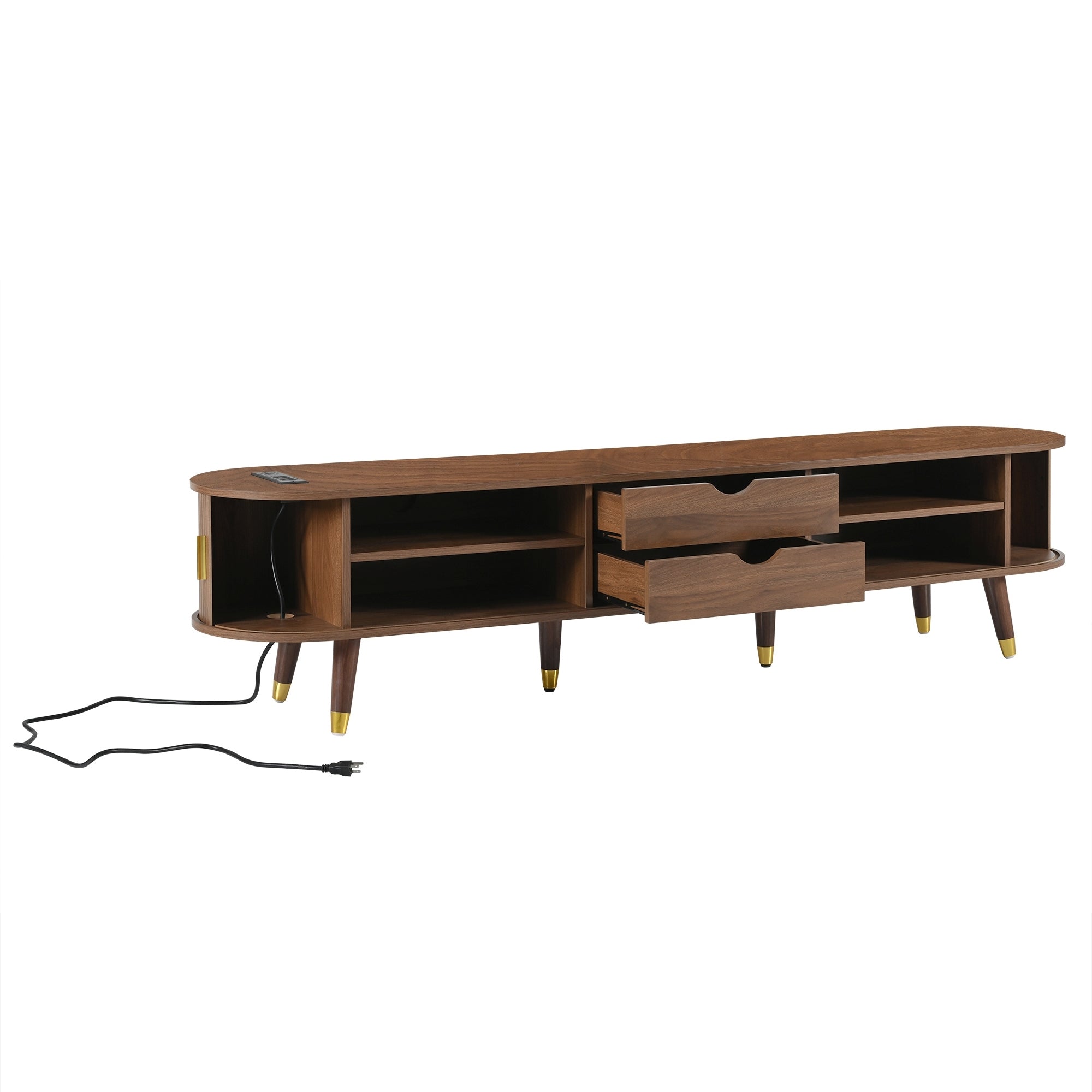 Wooden Oval Fluted TV Stand with Charging Station for TV up to 80', Mid-Century Media Console with Sliding Tambour Door, Farmhouse TV Cabinet with Golden Handle for Living Room, Walnut