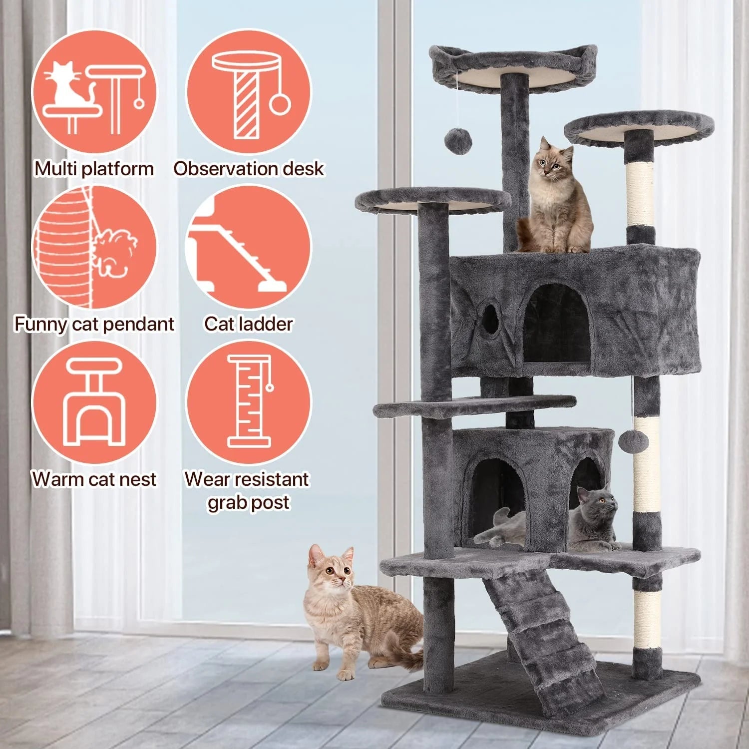 Ultimate 54-Inch Double Condo Cat Tree Tower with Scratching Post & Cozy Perch for Indoor Cats - Stylish Ashy Design