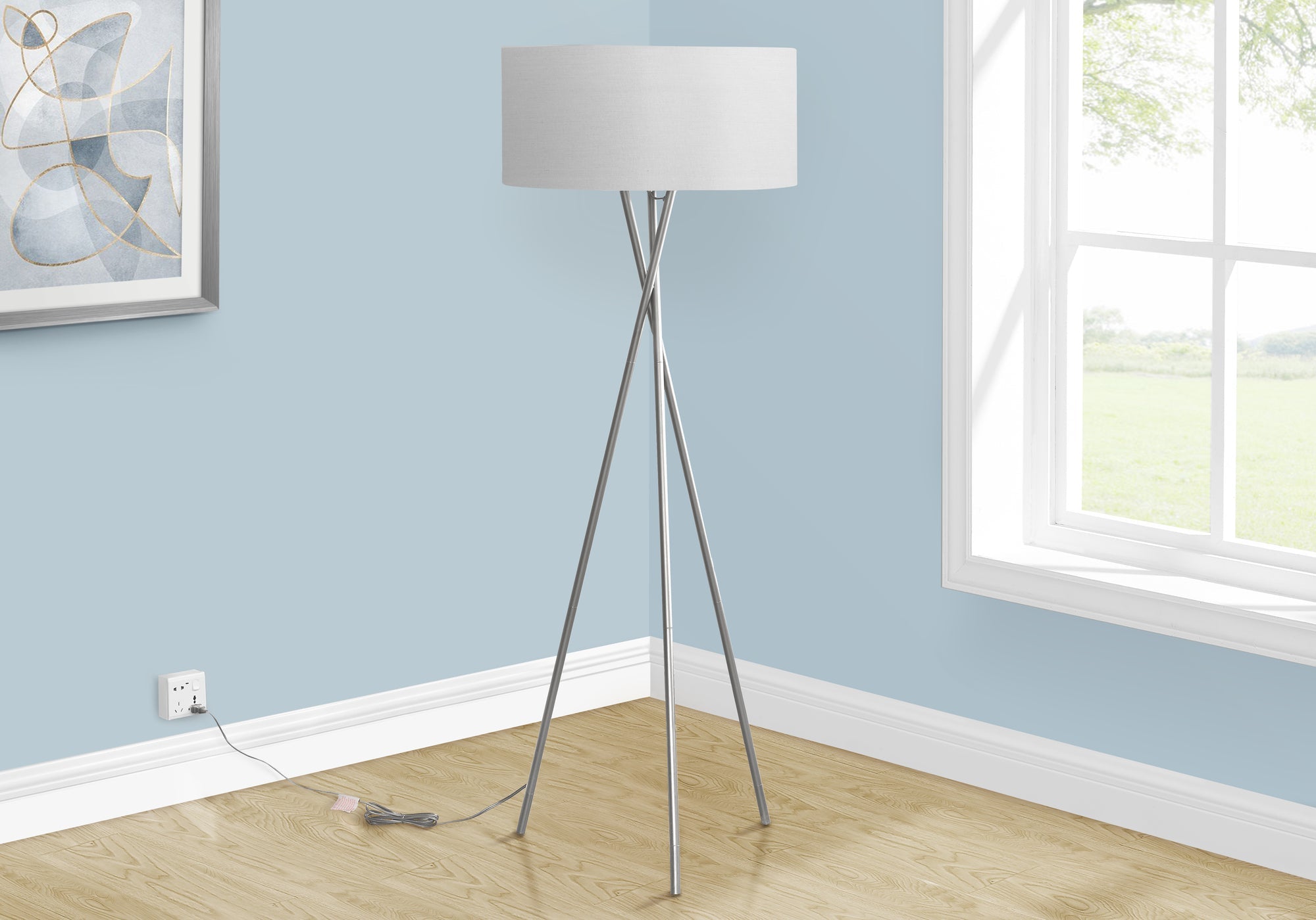Lighting, 62'h, Floor Lamp, Nickel Metal, Grey Shade, Contemporary
