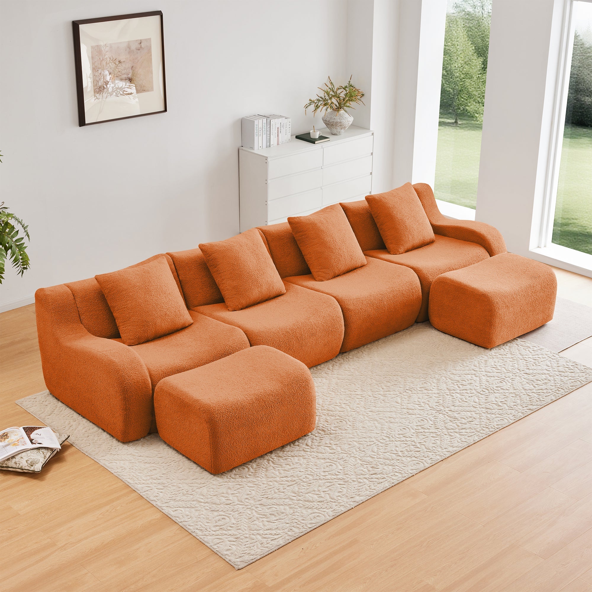 U-Shaped Boneless Sofa,Teddy Fabric No assembly required Curved armrest,Anti-slip Design,Streamlined Design 32D High Density Sponge,Full Compression Vacuum Packag,For Studies living Rooms,Orange